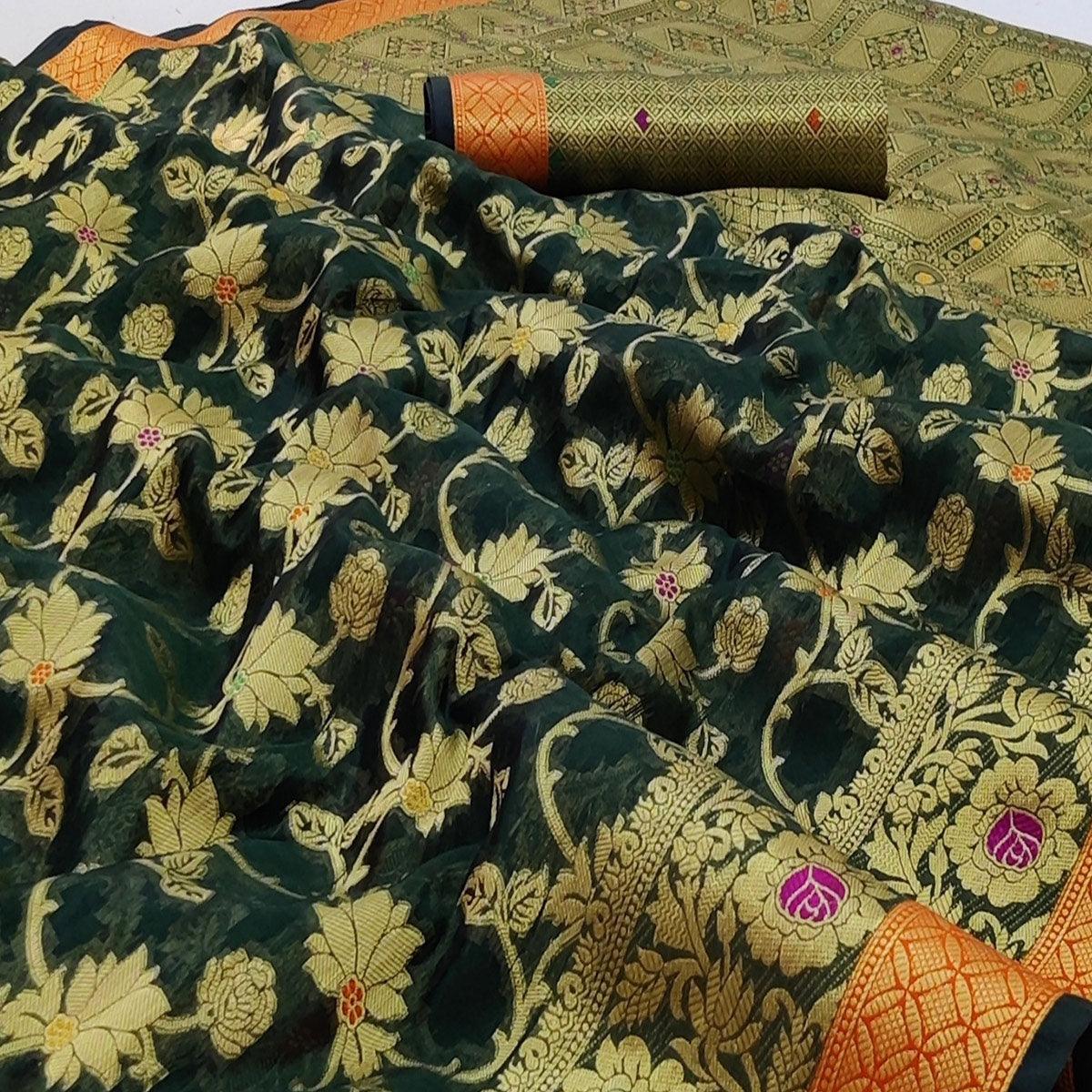 Dark Green Festive Wear Floral Woven Organza Saree - Peachmode