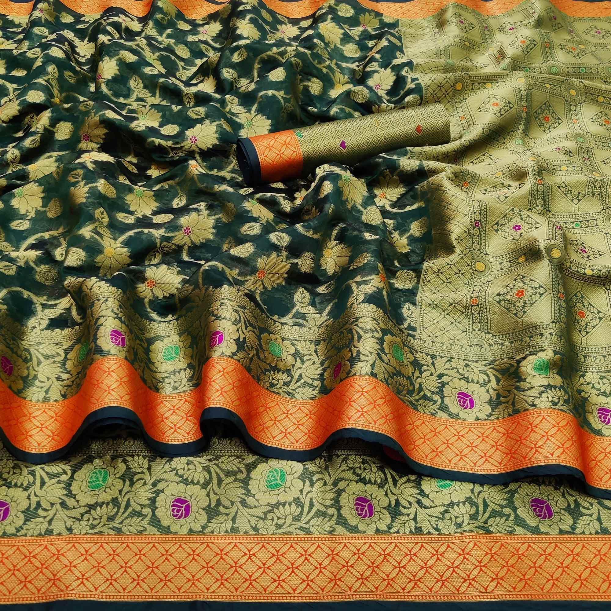 Dark Green Festive Wear Floral Woven Organza Saree - Peachmode