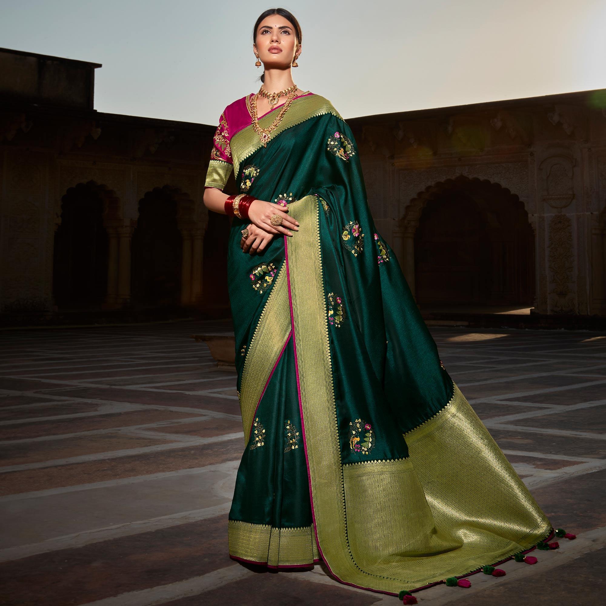 Dark Green Festive Wear Floral Woven With Emrboidered Silk Saree - Peachmode