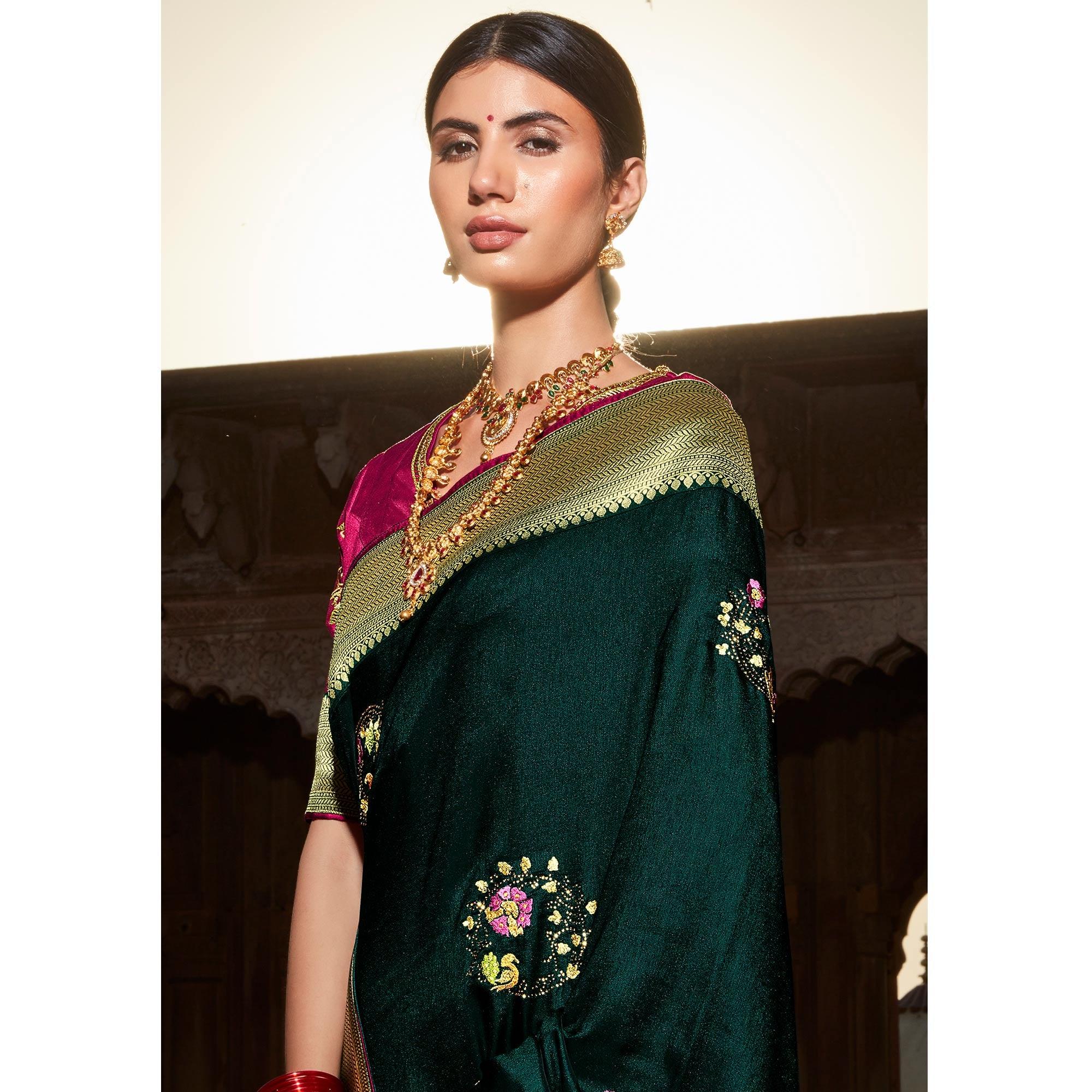 Dark Green Festive Wear Floral Woven With Emrboidered Silk Saree - Peachmode