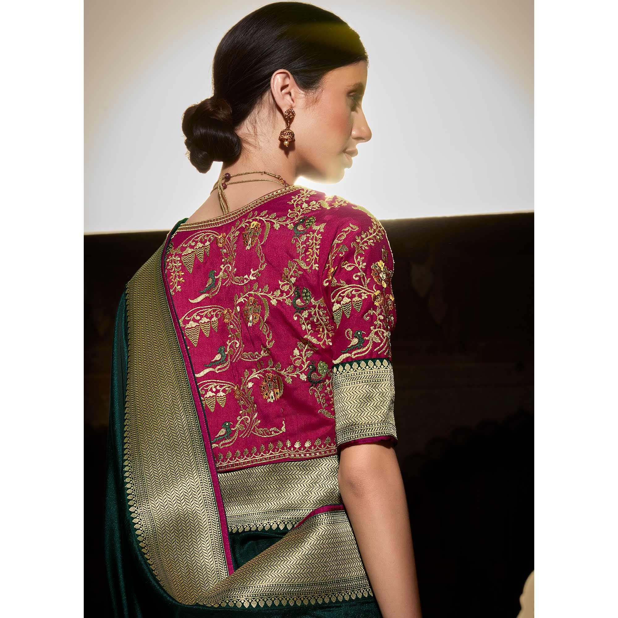 Dark Green Festive Wear Floral Woven With Emrboidered Silk Saree - Peachmode