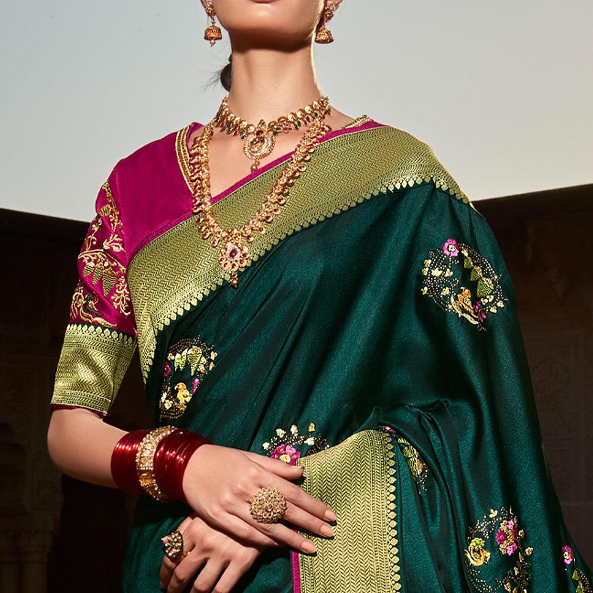 Dark Green Festive Wear Floral Woven With Emrboidered Silk Saree - Peachmode