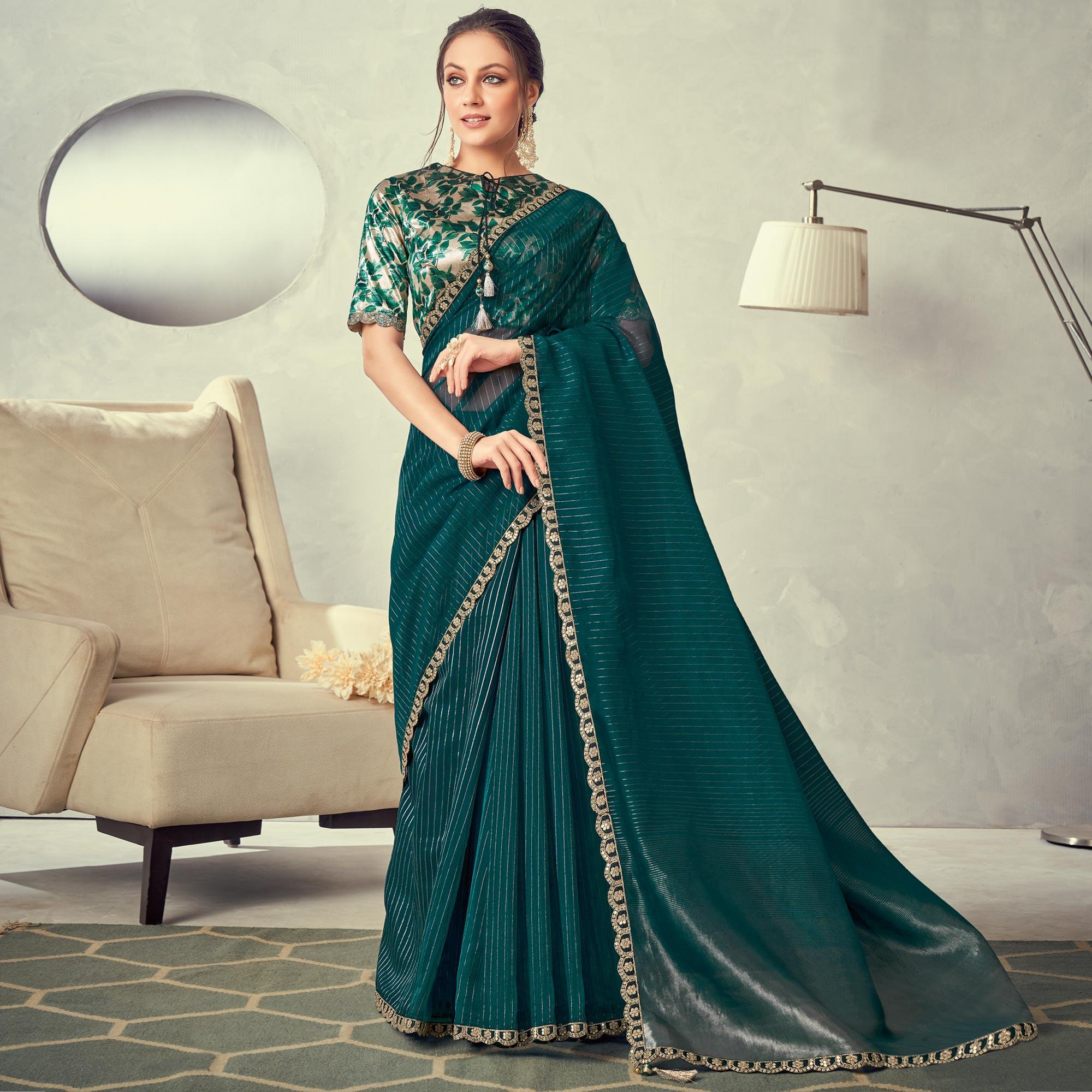 Dark Green Festive Wear Lace Border Weaved Organza Saree - Peachmode