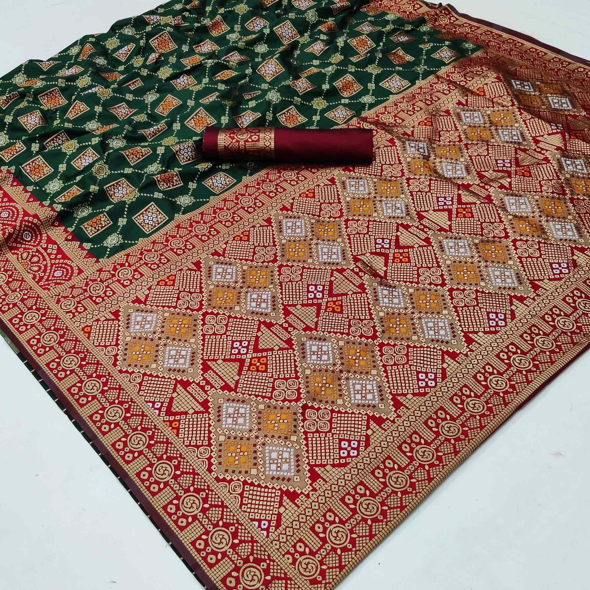 Dark Green Festive Wear Woven Heavy Silk Saree - Peachmode