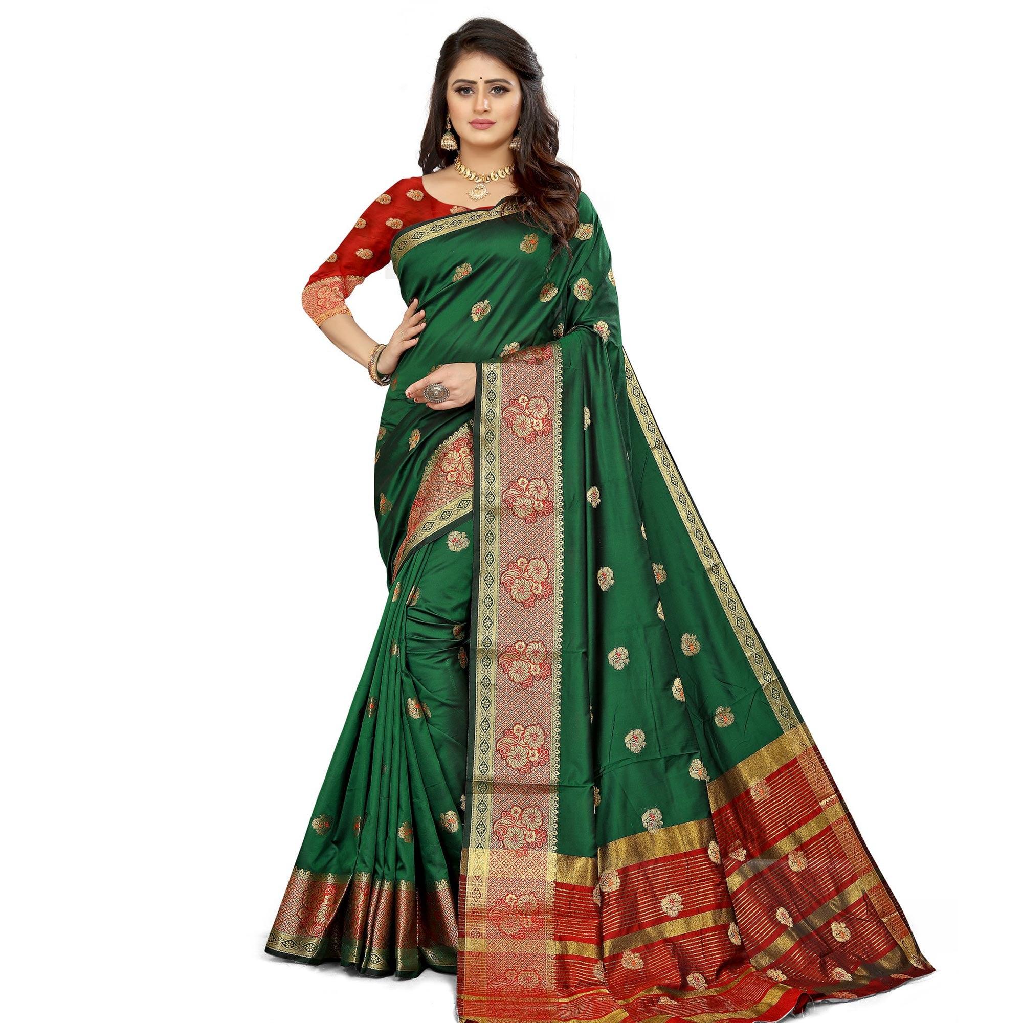 Dark Green Festive Wear Woven Maithili Silk Saree - Peachmode