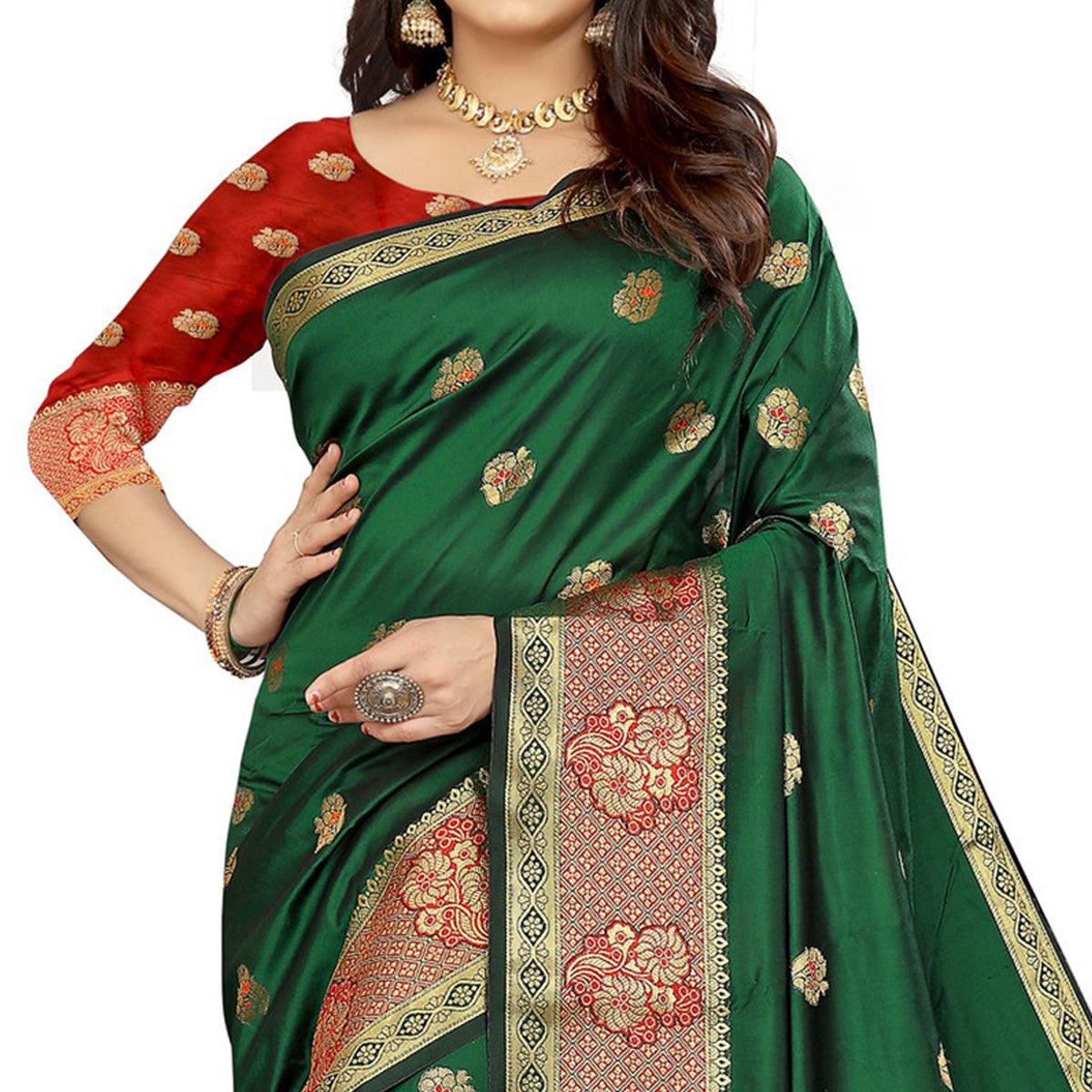 Dark Green Festive Wear Woven Maithili Silk Saree - Peachmode