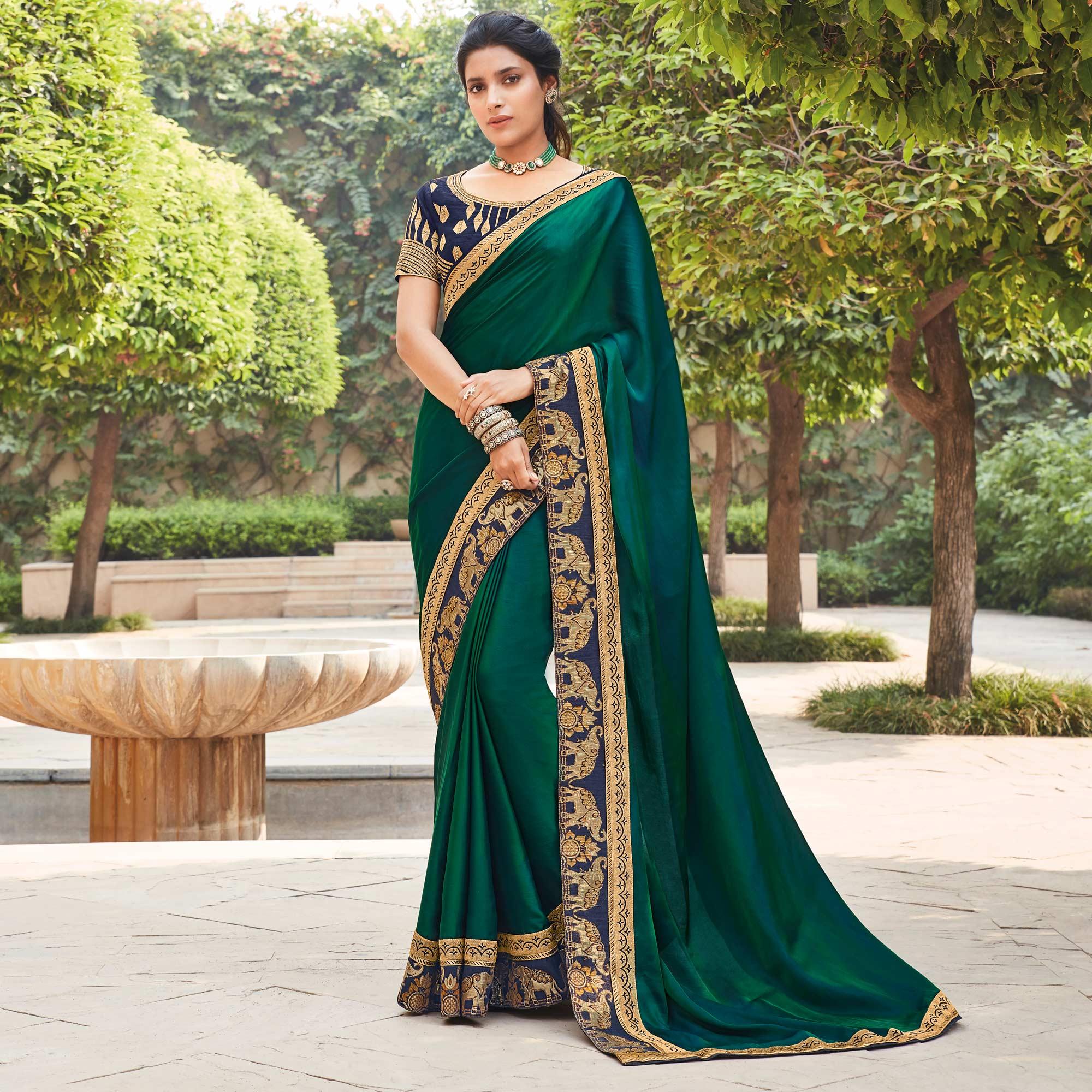 Dark Green Festive Wear Woven Silk Saree With Border - Peachmode