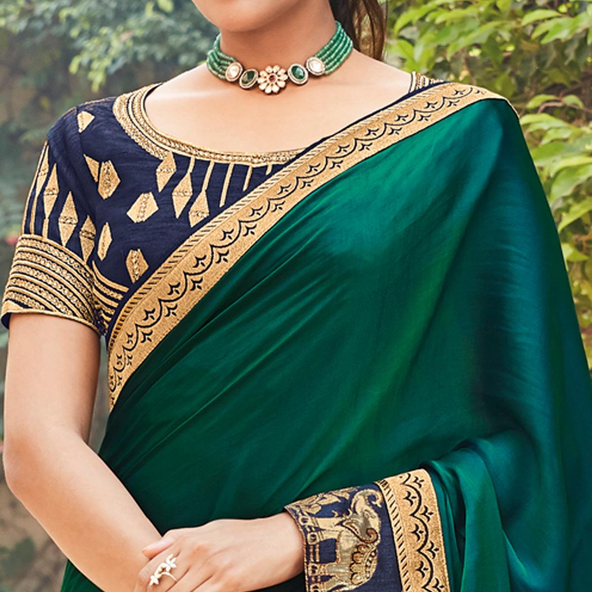 Dark Green Festive Wear Woven Silk Saree With Border - Peachmode