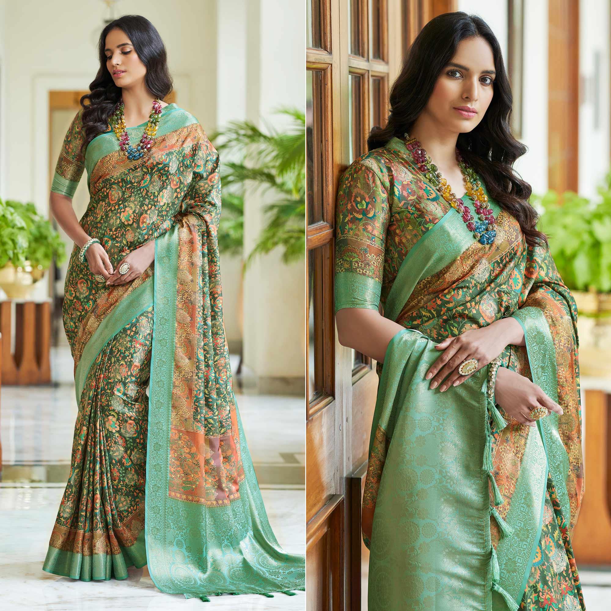 Dark Green Floral Digital Printed With Woven Border Art Silk Saree - Peachmode