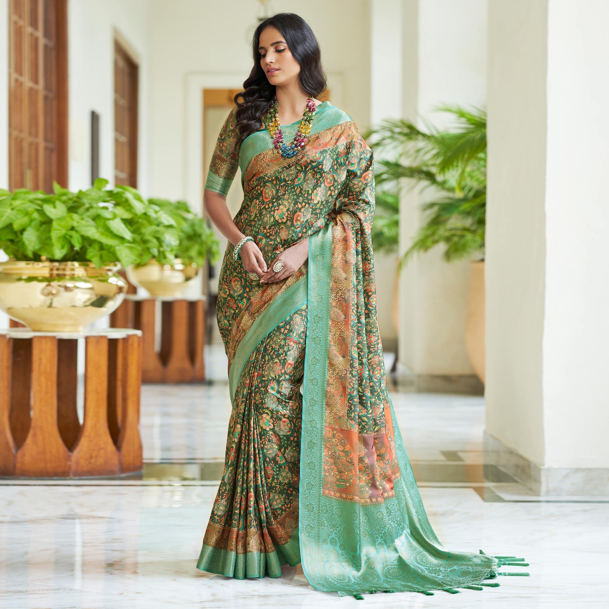 Dark Green Floral Digital Printed With Woven Border Art Silk Saree - Peachmode