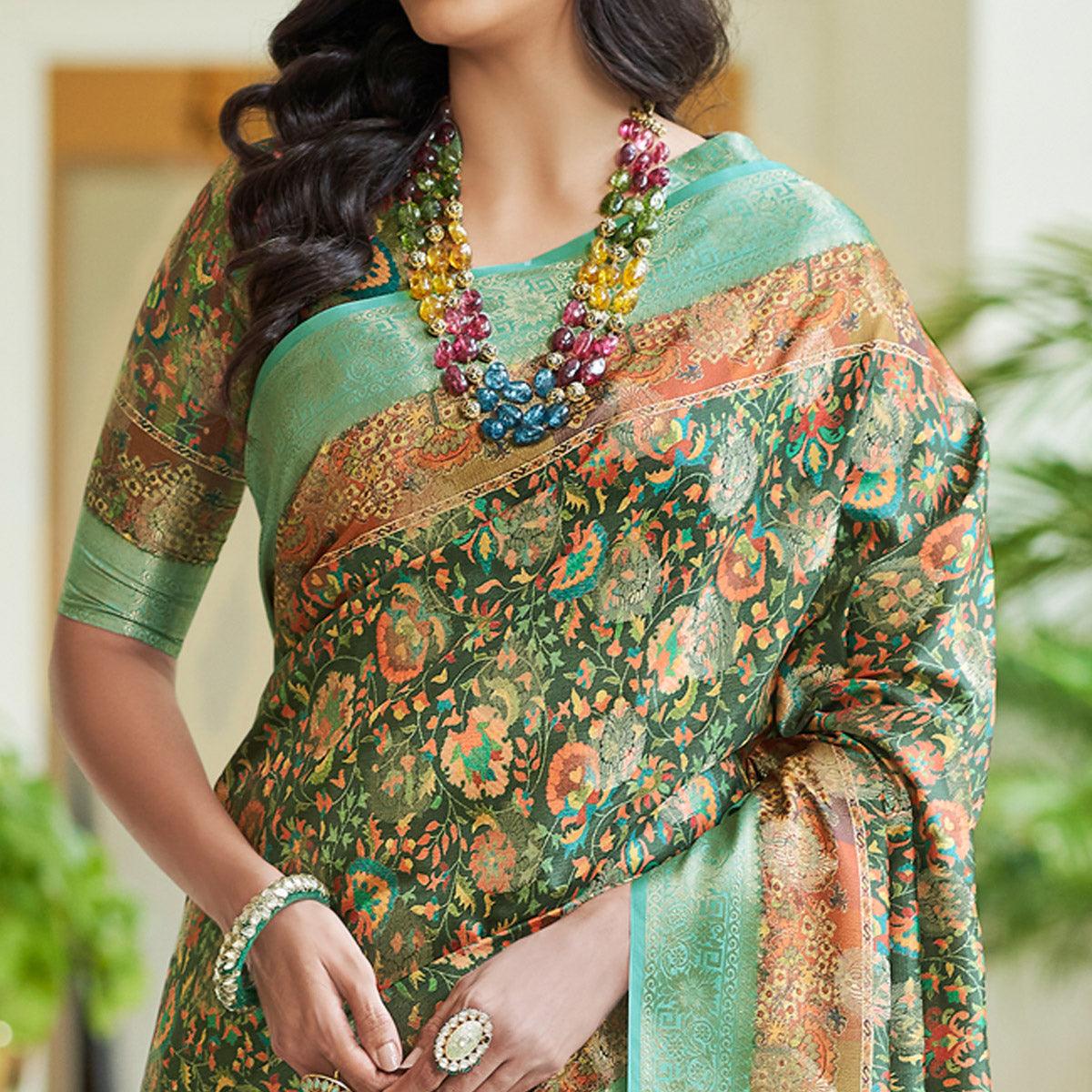 Dark Green Floral Digital Printed With Woven Border Art Silk Saree - Peachmode