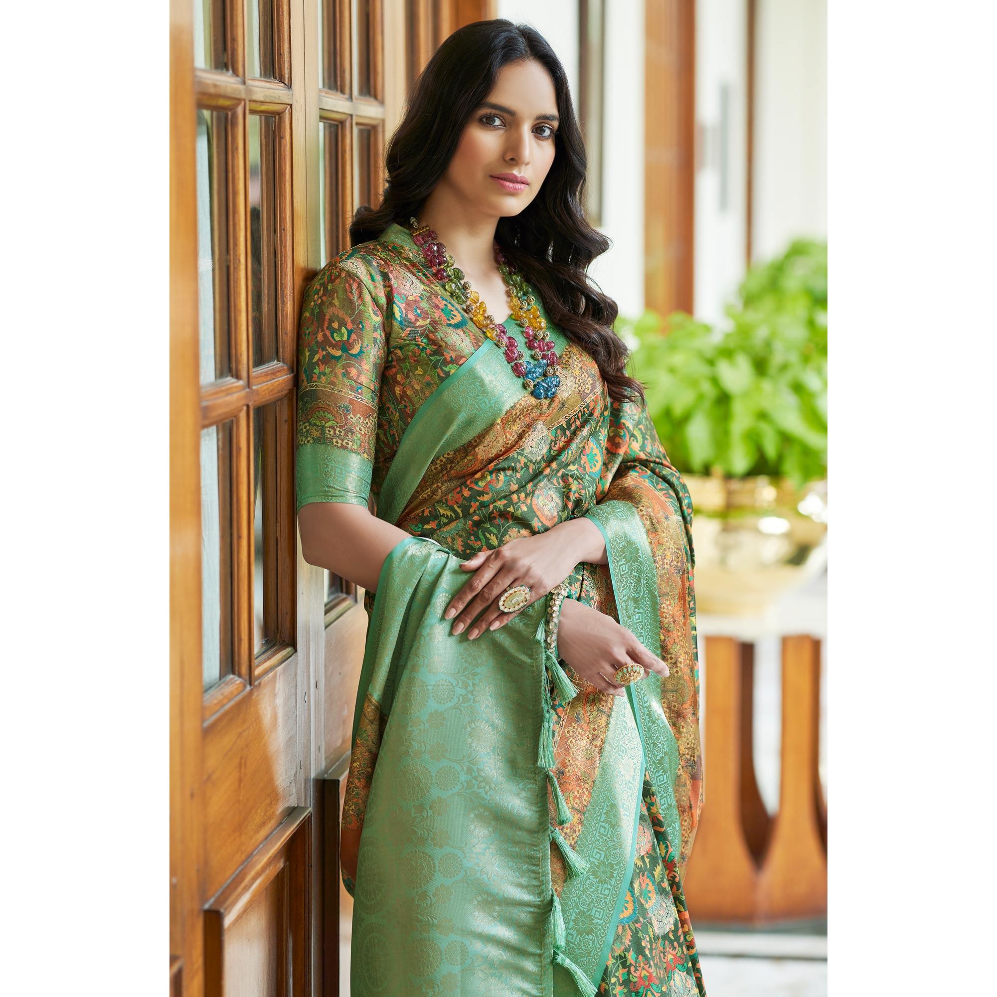 Dark Green Floral Digital Printed With Woven Border Art Silk Saree - Peachmode