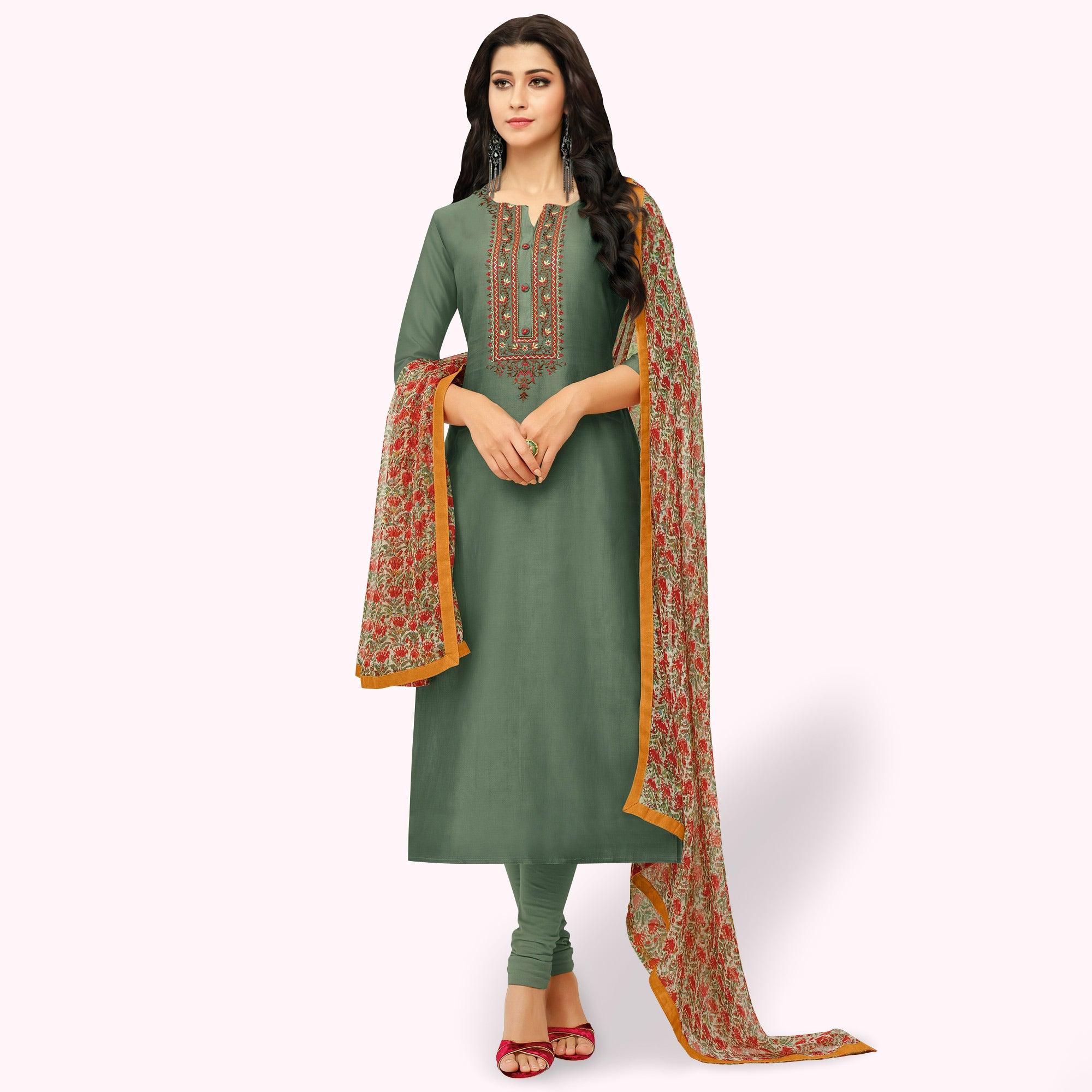 Dark Green Floral Embroidered Chanderi Salwar Suit - Peachmode