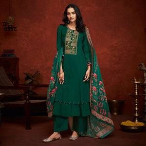 Dark Green Floral Embroidery With Print Pure Viscose Partywear Suit - Peachmode