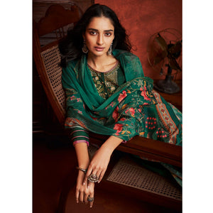 Dark Green Floral Embroidery With Print Pure Viscose Partywear Suit - Peachmode