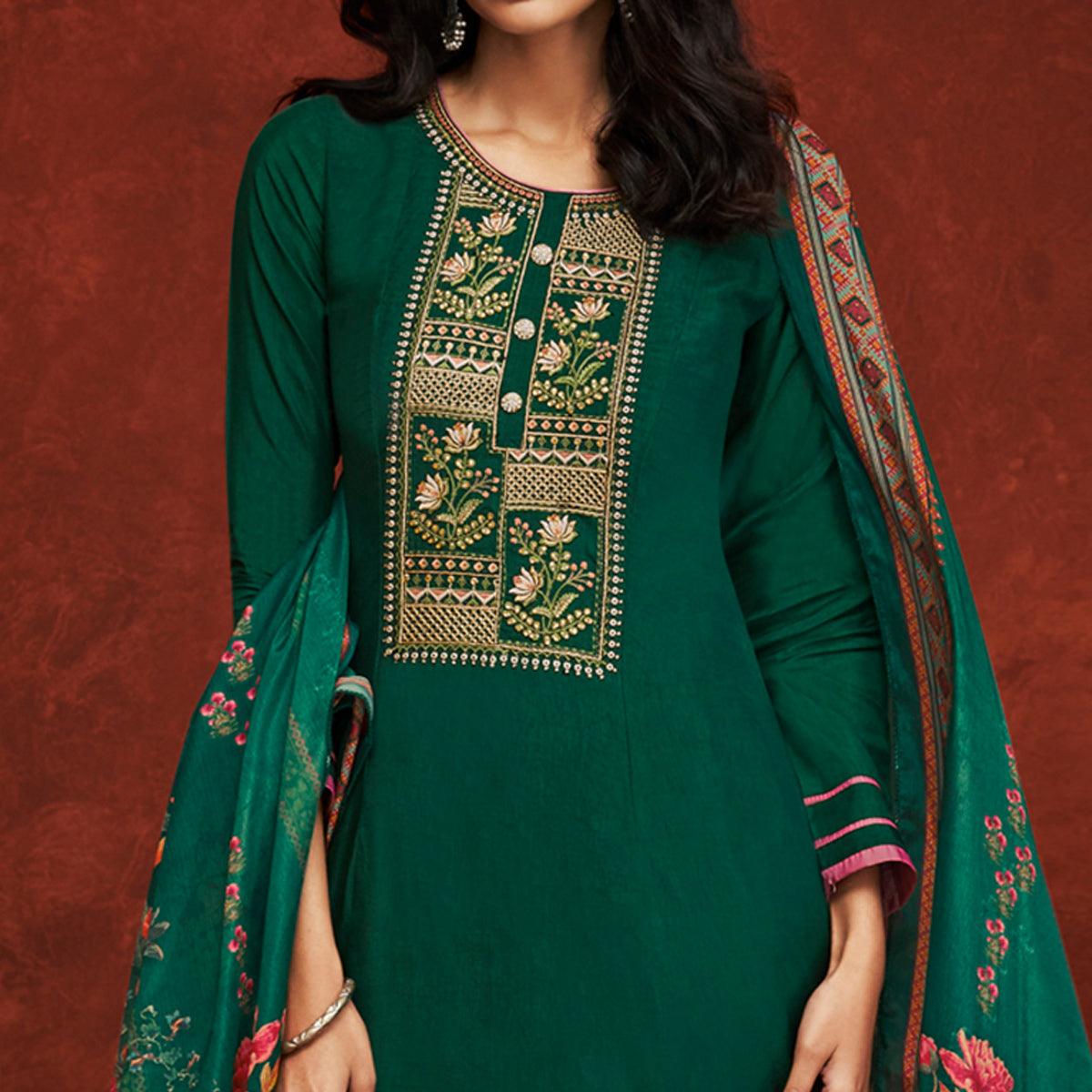 Dark Green Floral Embroidery With Print Pure Viscose Partywear Suit - Peachmode