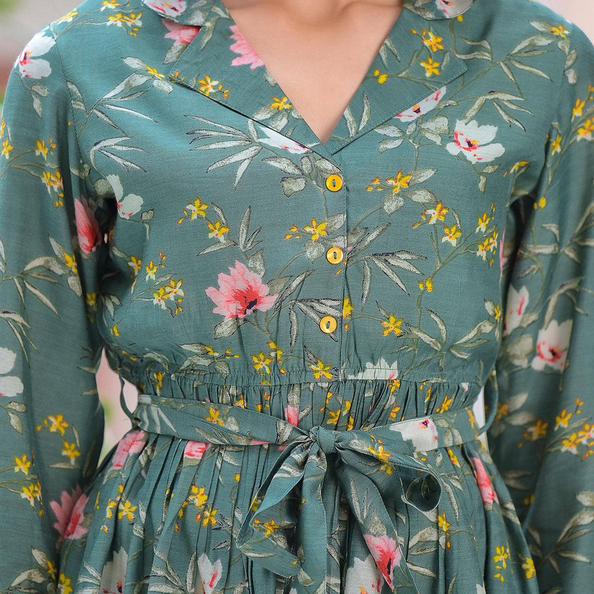 Dark Green Floral Printed Muslin Top Bottom Set - Peachmode