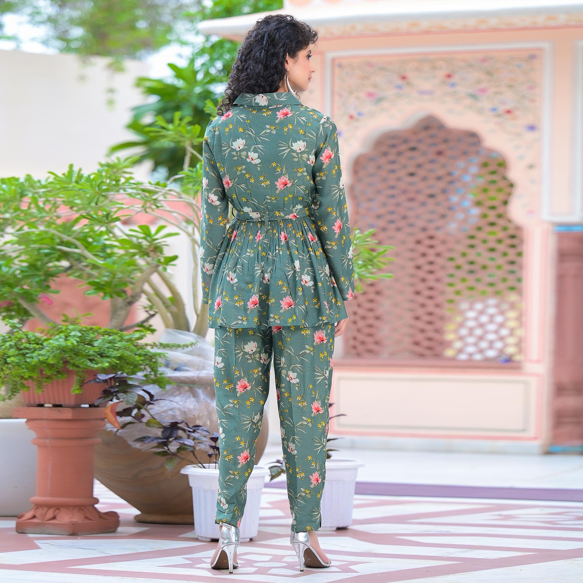 Dark Green Floral Printed Muslin Top Bottom Set - Peachmode