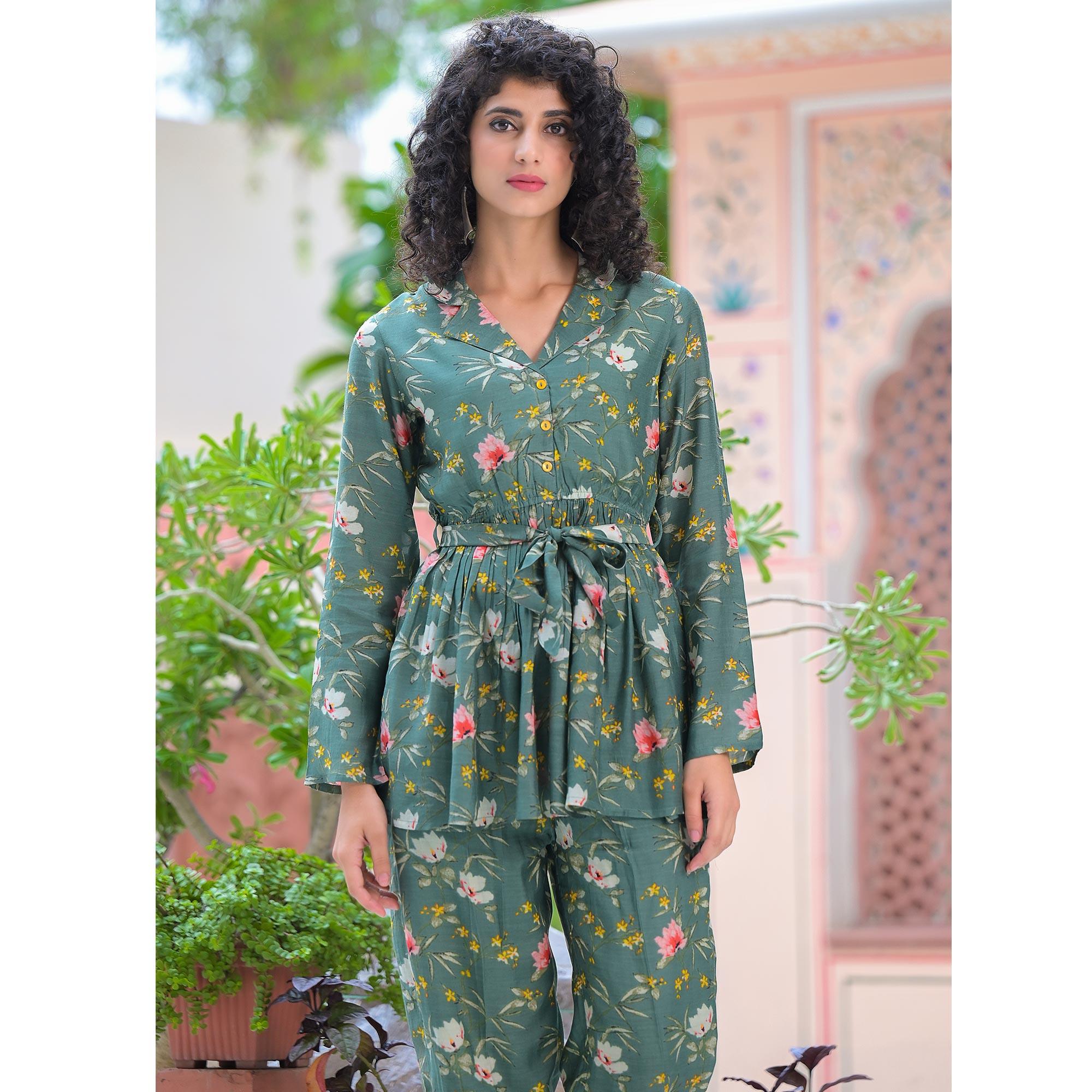 Dark Green Floral Printed Muslin Top Bottom Set - Peachmode