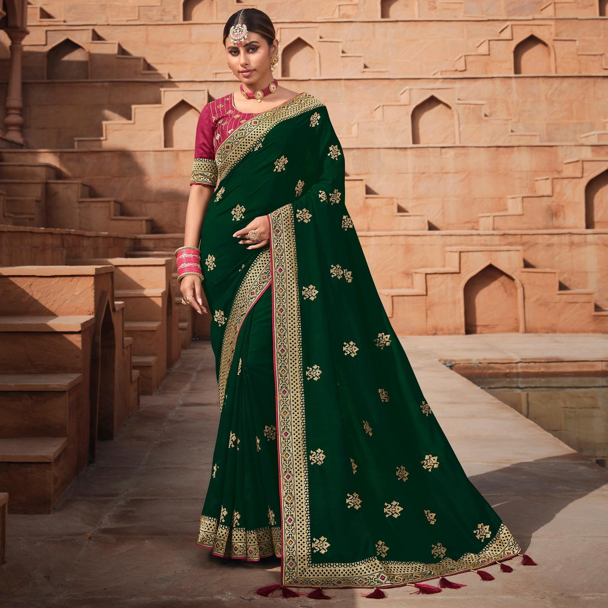 Dark Green Party Wear Embroidered Art Silk Saree - Peachmode