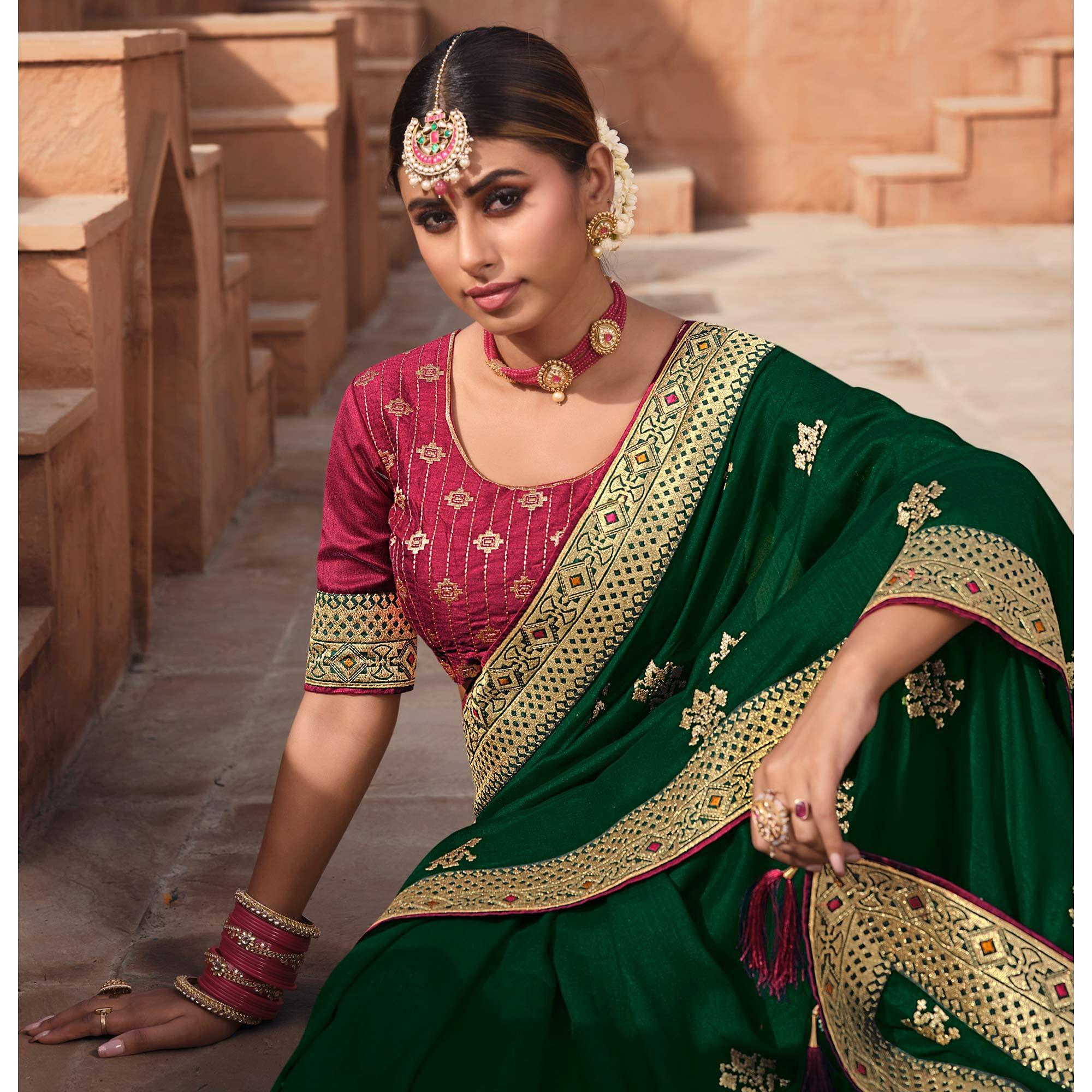 Dark Green Party Wear Embroidered Art Silk Saree - Peachmode