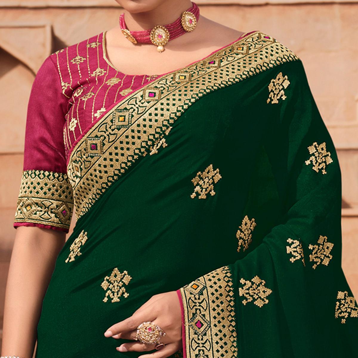Dark Green Party Wear Embroidered Art Silk Saree - Peachmode