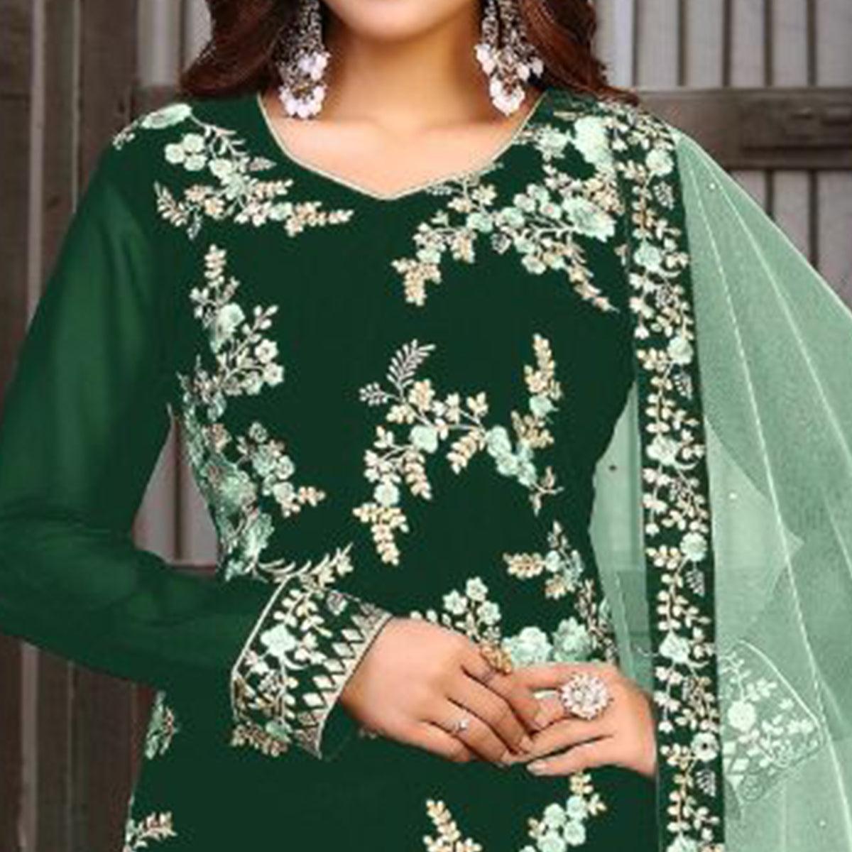 Dark Green Partywear Embroidered Heavy Faux Georgette Salwar Suit - Peachmode