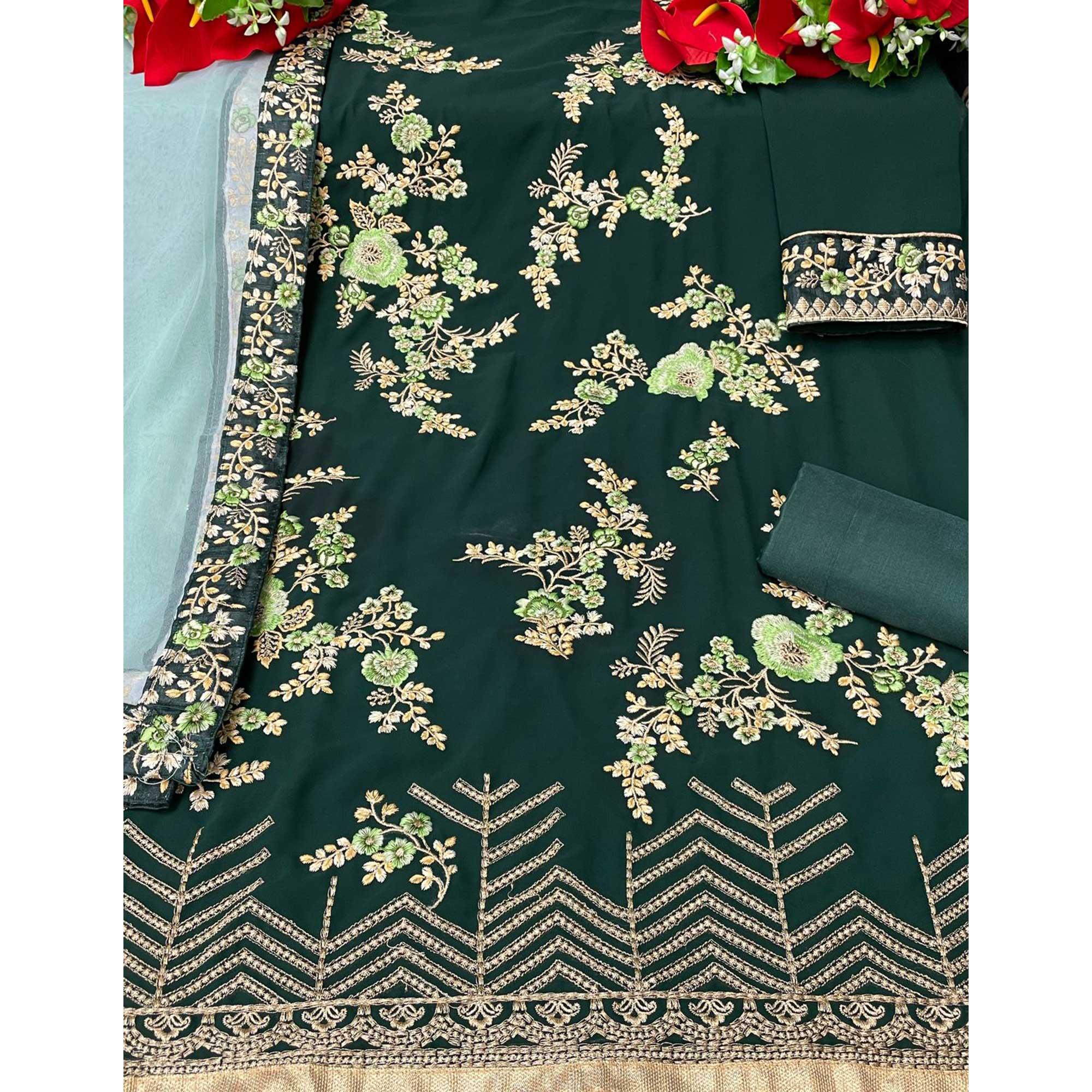 Dark Green Partywear Embroidered Heavy Faux Georgette Salwar Suit - Peachmode