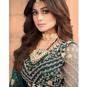 Dark Green Partywear Floral Embroidered Net Anarkali Suit - Peachmode