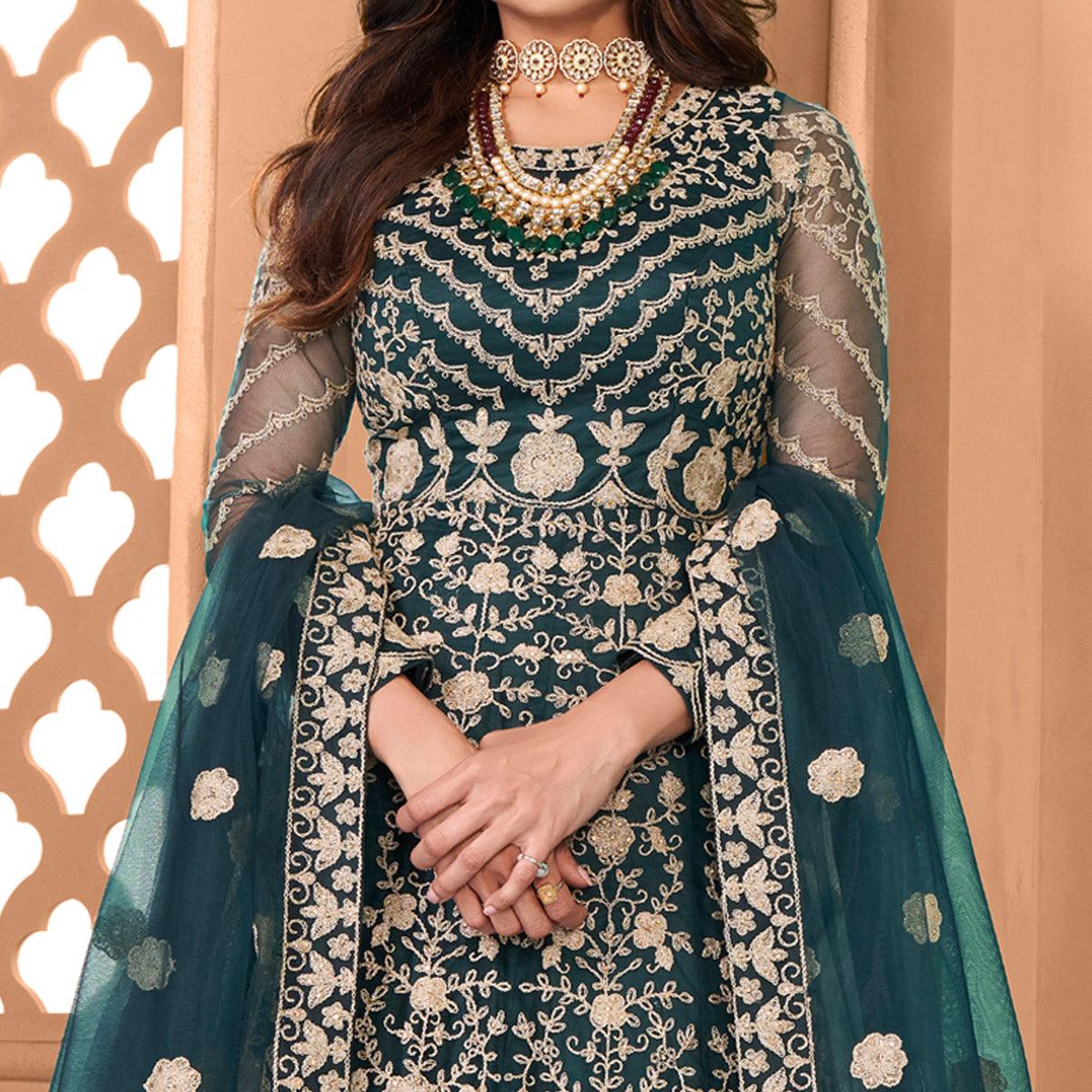 Dark Green Partywear Floral Embroidered Net Anarkali Suit - Peachmode