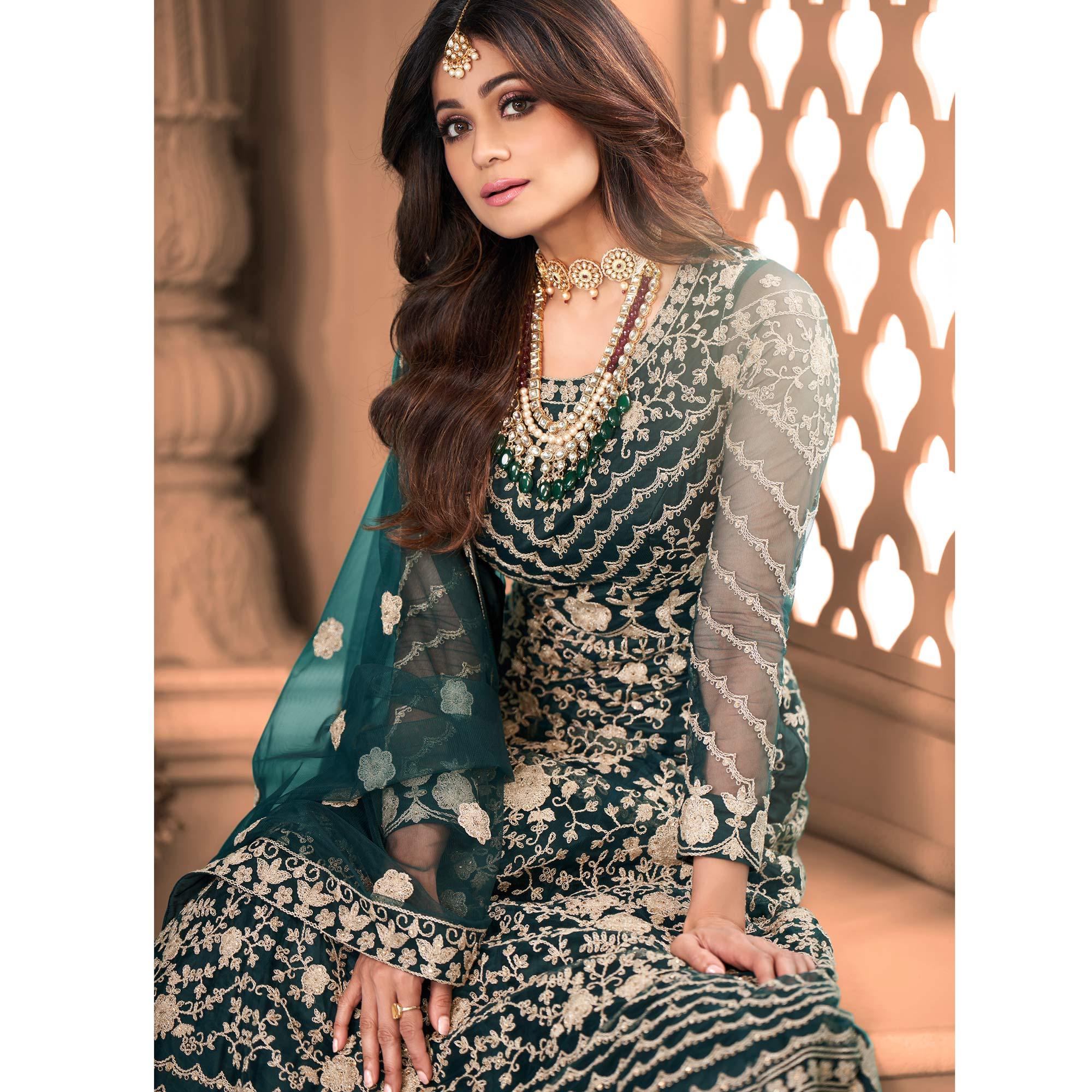 Dark Green Partywear Floral Embroidered Net Anarkali Suit - Peachmode