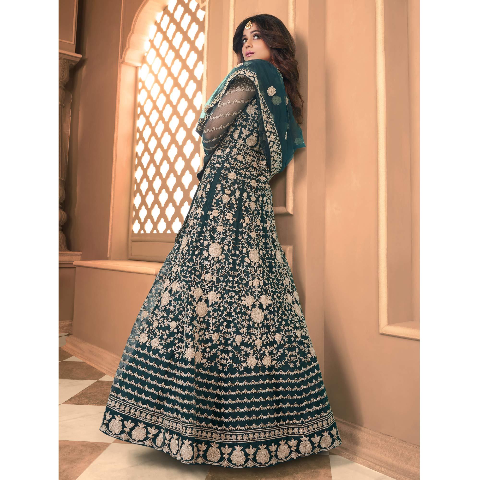 Dark Green Partywear Floral Embroidered Net Anarkali Suit - Peachmode