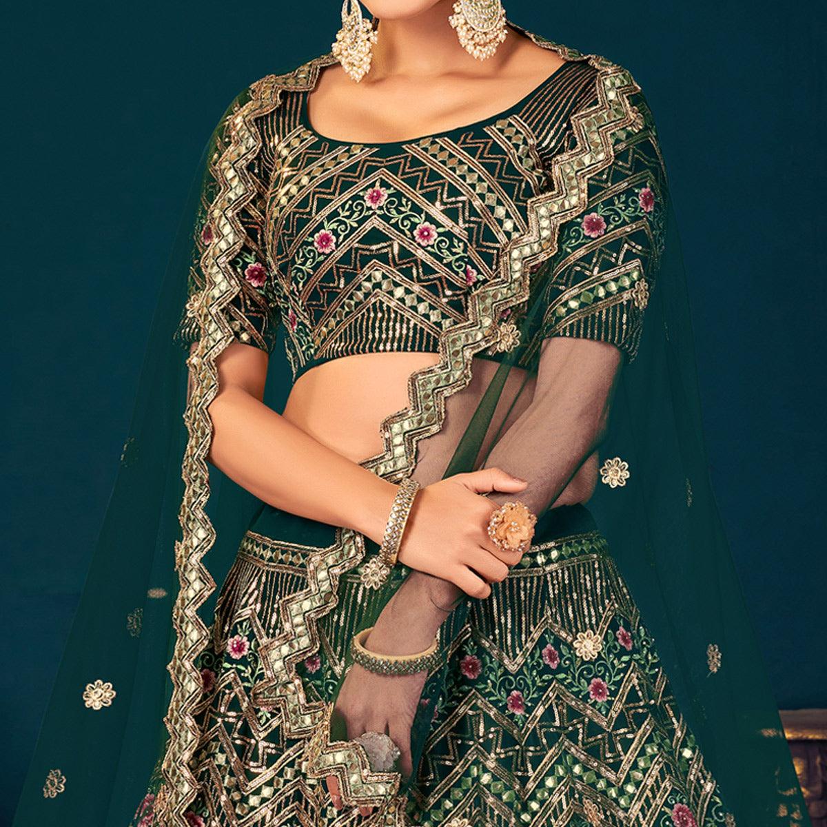 Dark Green Partywear Sequence With Gotta Patti Embroidered Georgette Lehenga Choli - Peachmode