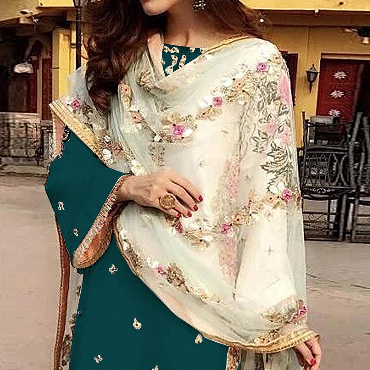 Dark Green Partywear Straight cut Style Embroidery and Moti Work faux Georgette Salwar Suit - Peachmode