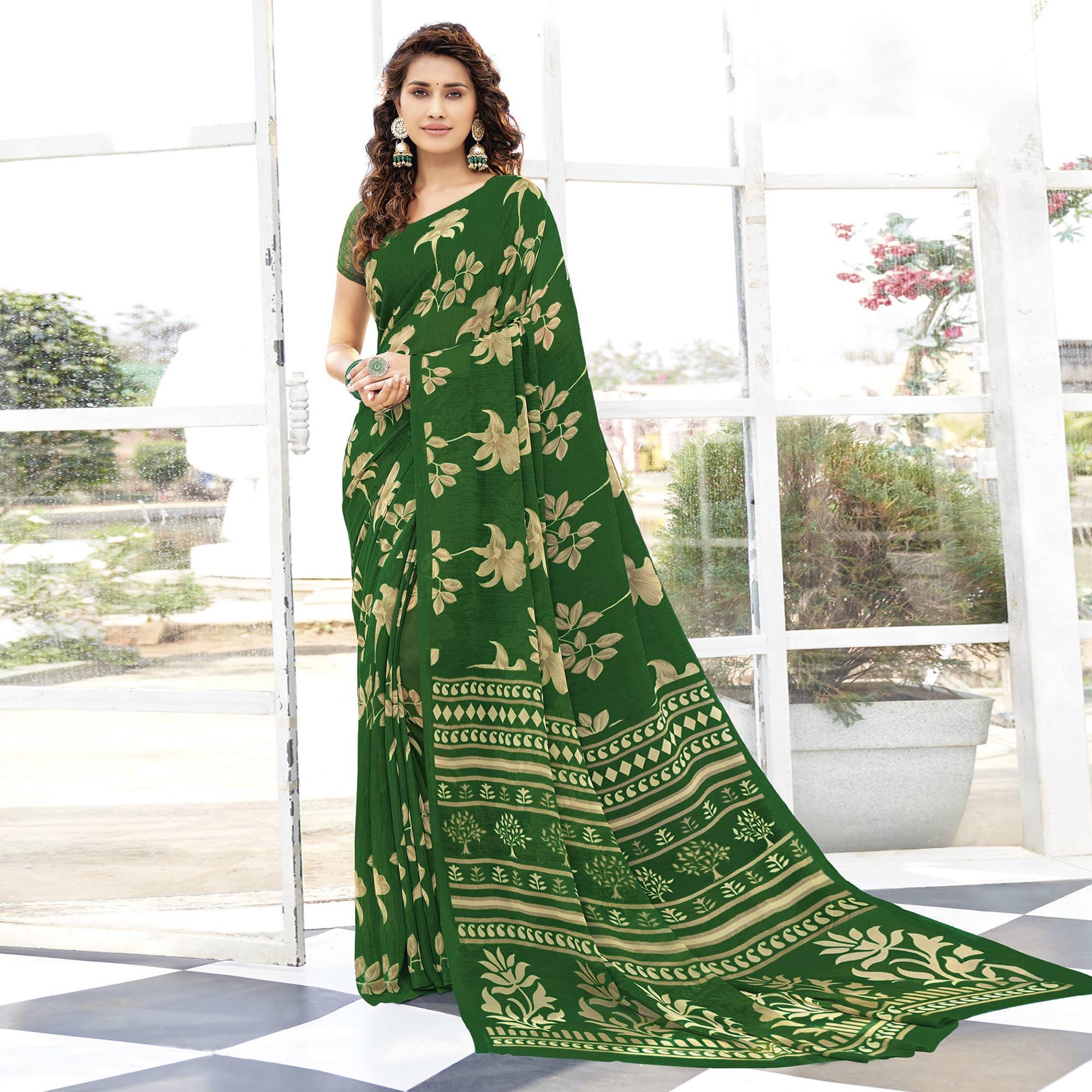Dark Green Printed Georgette Saree - Peachmode