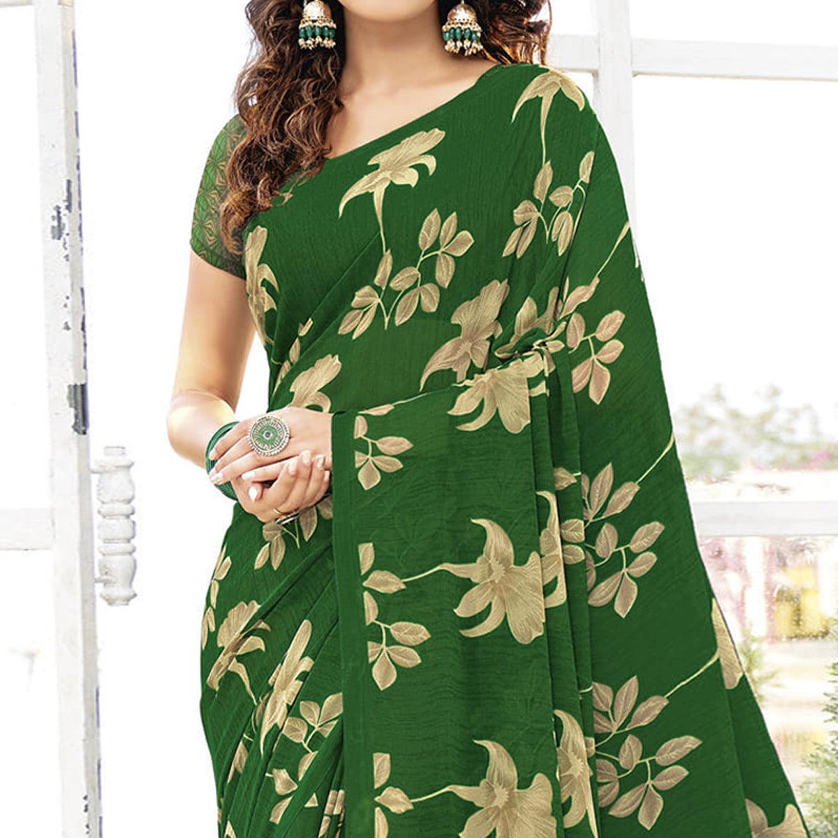 Dark Green Printed Georgette Saree - Peachmode