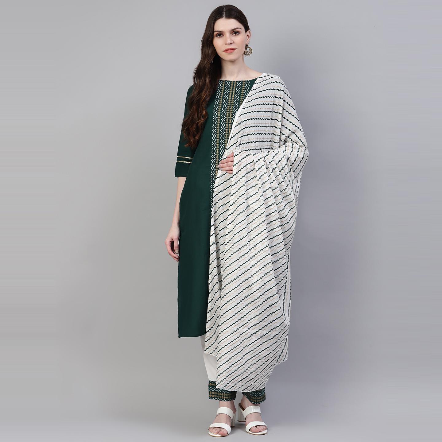 Dark Green Printed Pure Cotton Kurti - Pant Set With Dupatta - Peachmode