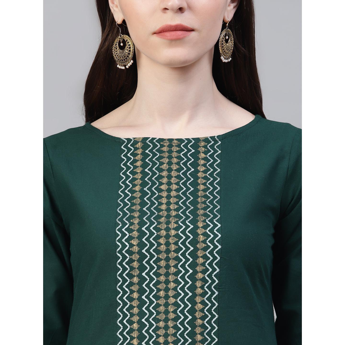 Dark Green Printed Pure Cotton Kurti - Pant Set With Dupatta - Peachmode