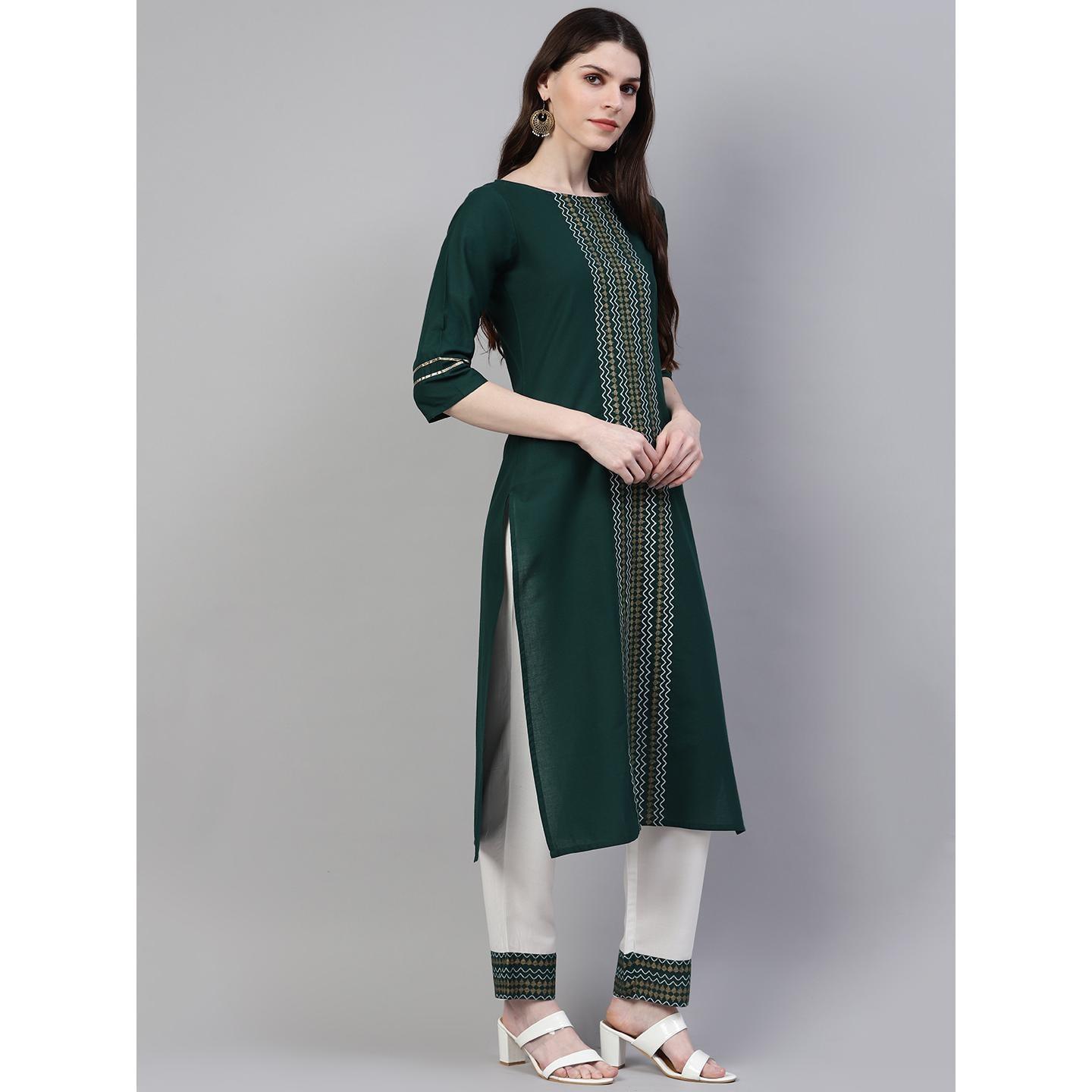 Dark Green Printed Pure Cotton Kurti - Pant Set With Dupatta - Peachmode