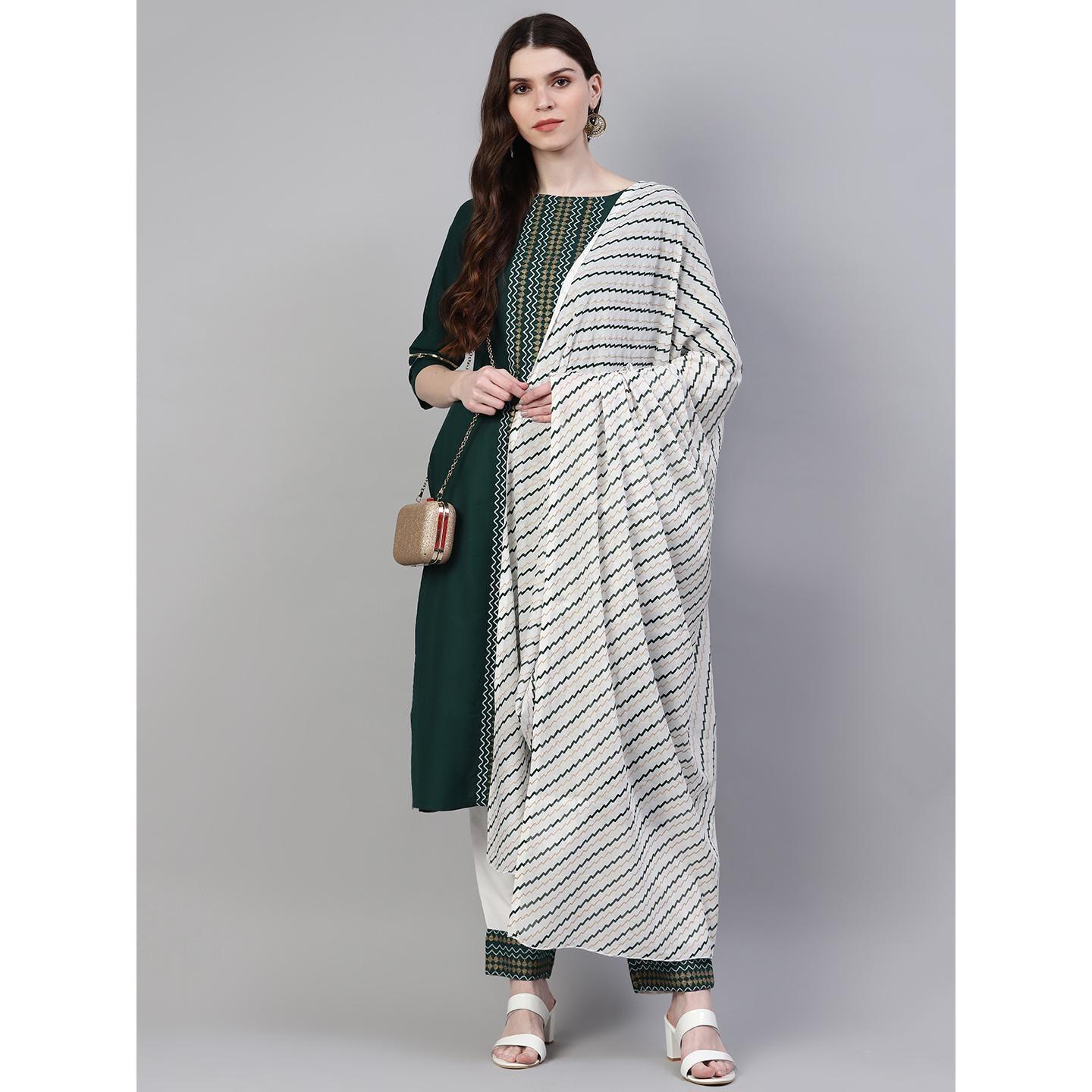 Dark Green Printed Pure Cotton Kurti - Pant Set With Dupatta - Peachmode