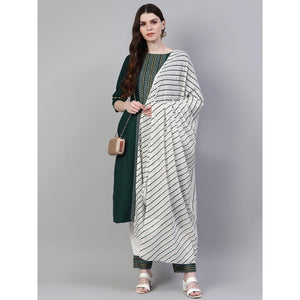 Dark Green Printed Pure Cotton Kurti - Pant Set With Dupatta - Peachmode