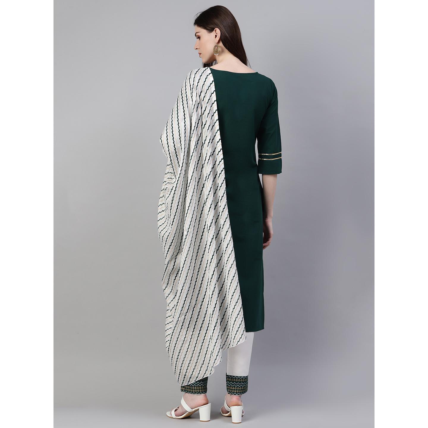 Dark Green Printed Pure Cotton Kurti - Pant Set With Dupatta - Peachmode