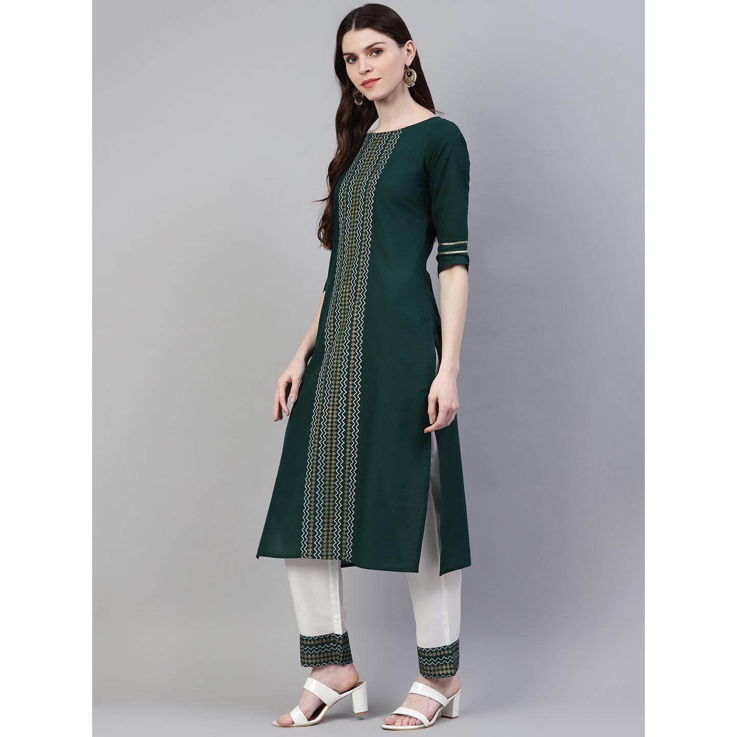 Dark Green Printed Pure Cotton Kurti - Pant Set With Dupatta - Peachmode