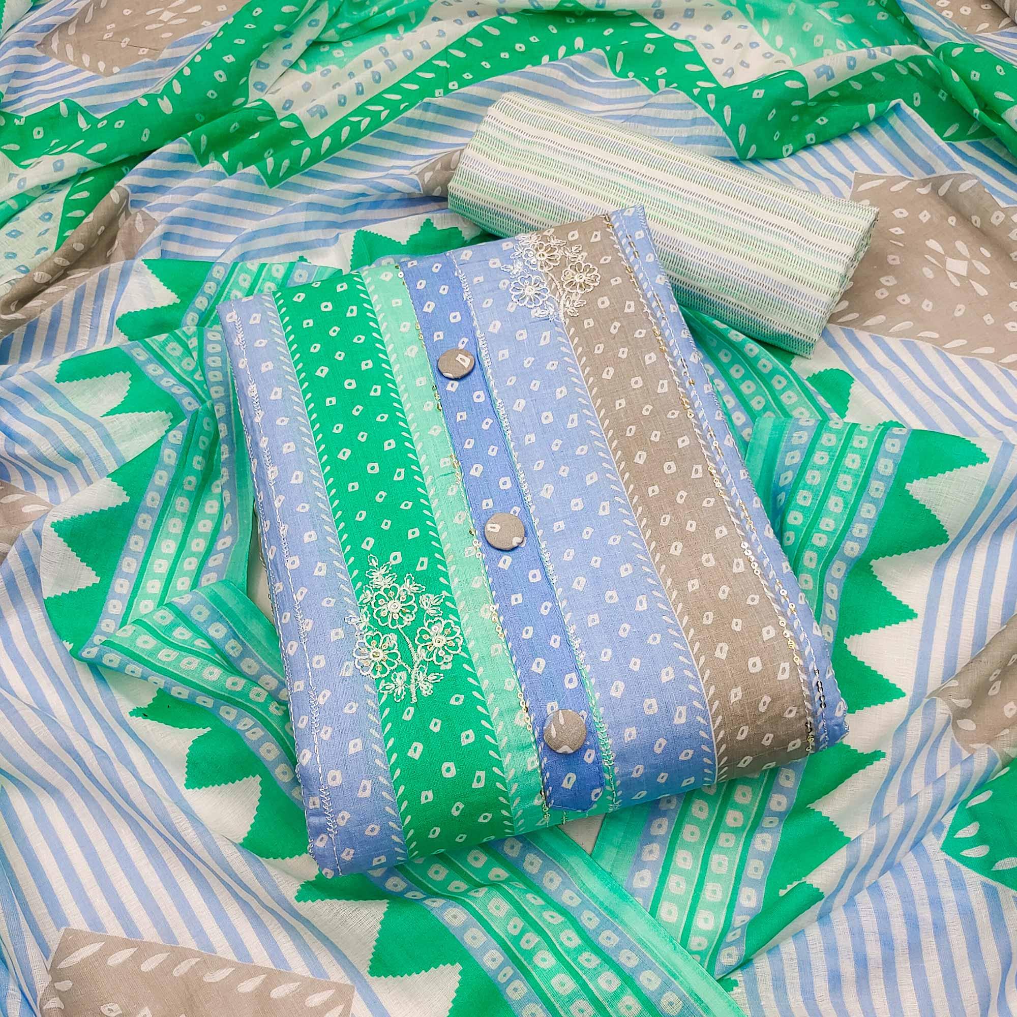 Dark Green Printed With Floral Embroidered Pure Cotton Dress Material - Peachmode