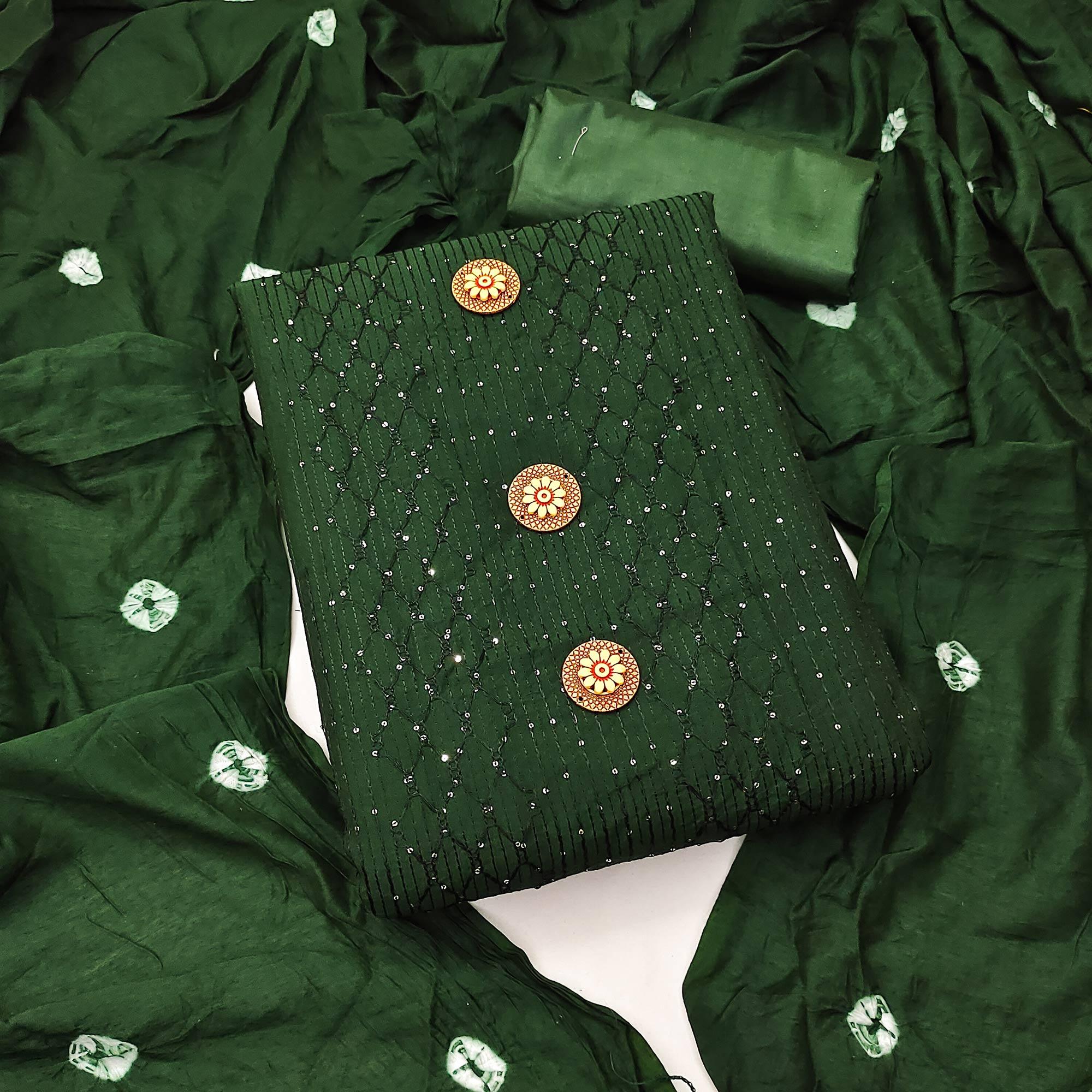 Dark Green Sequence Embroidered Chanderi Dress Material - Peachmode