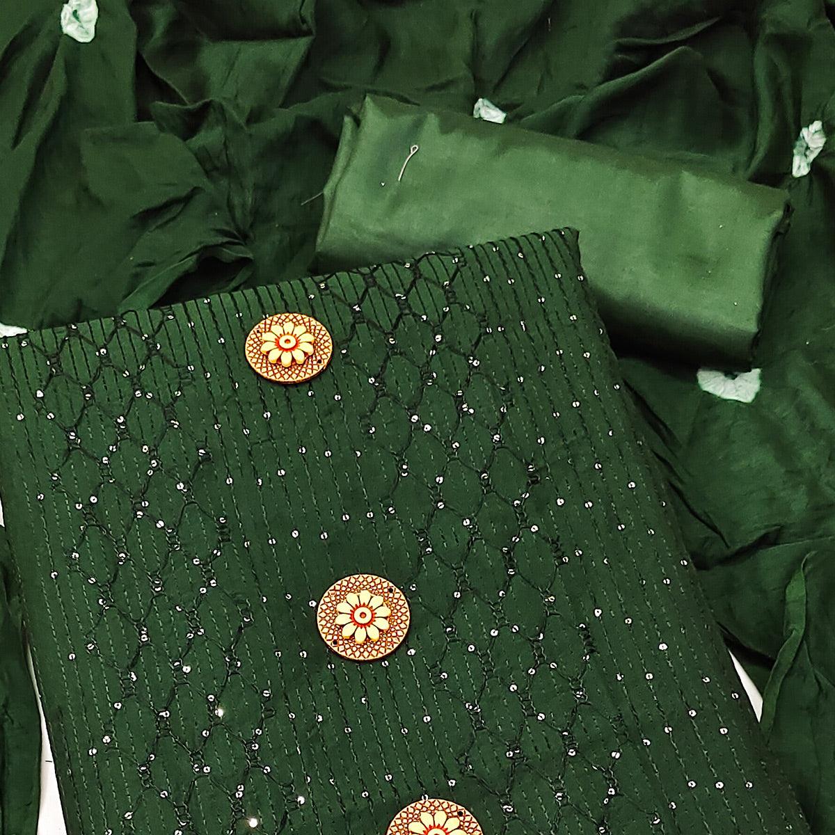Dark Green Sequence Embroidered Chanderi Dress Material - Peachmode