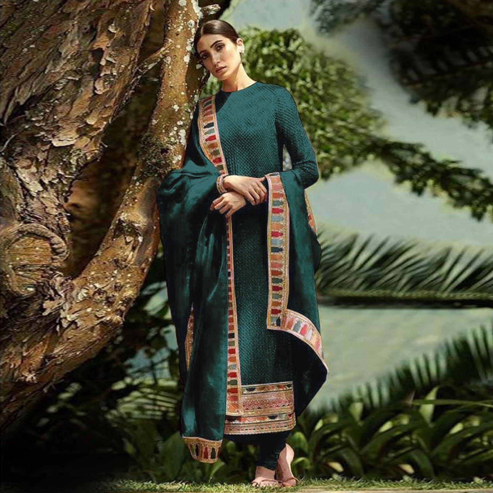 Dark Green Sequence Embroidered Georgette Salwar Suit - Peachmode