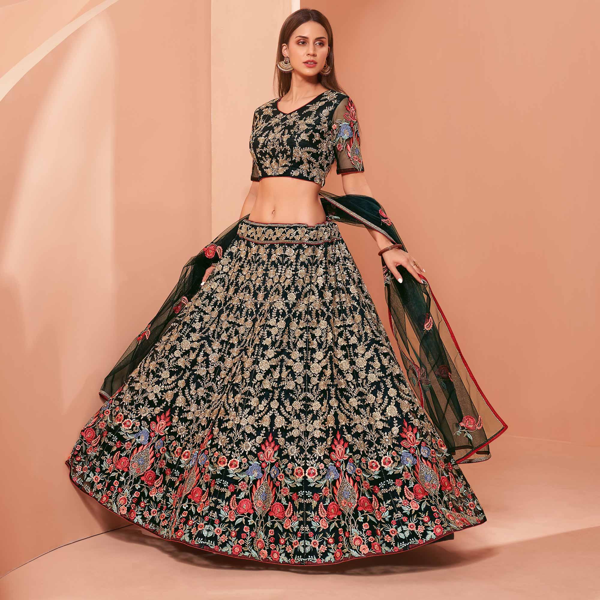 Dark Green Wedding Wear Floral Zari & Sequence Embroiederd Banglori Silk Lehenga Choli - Peachmode
