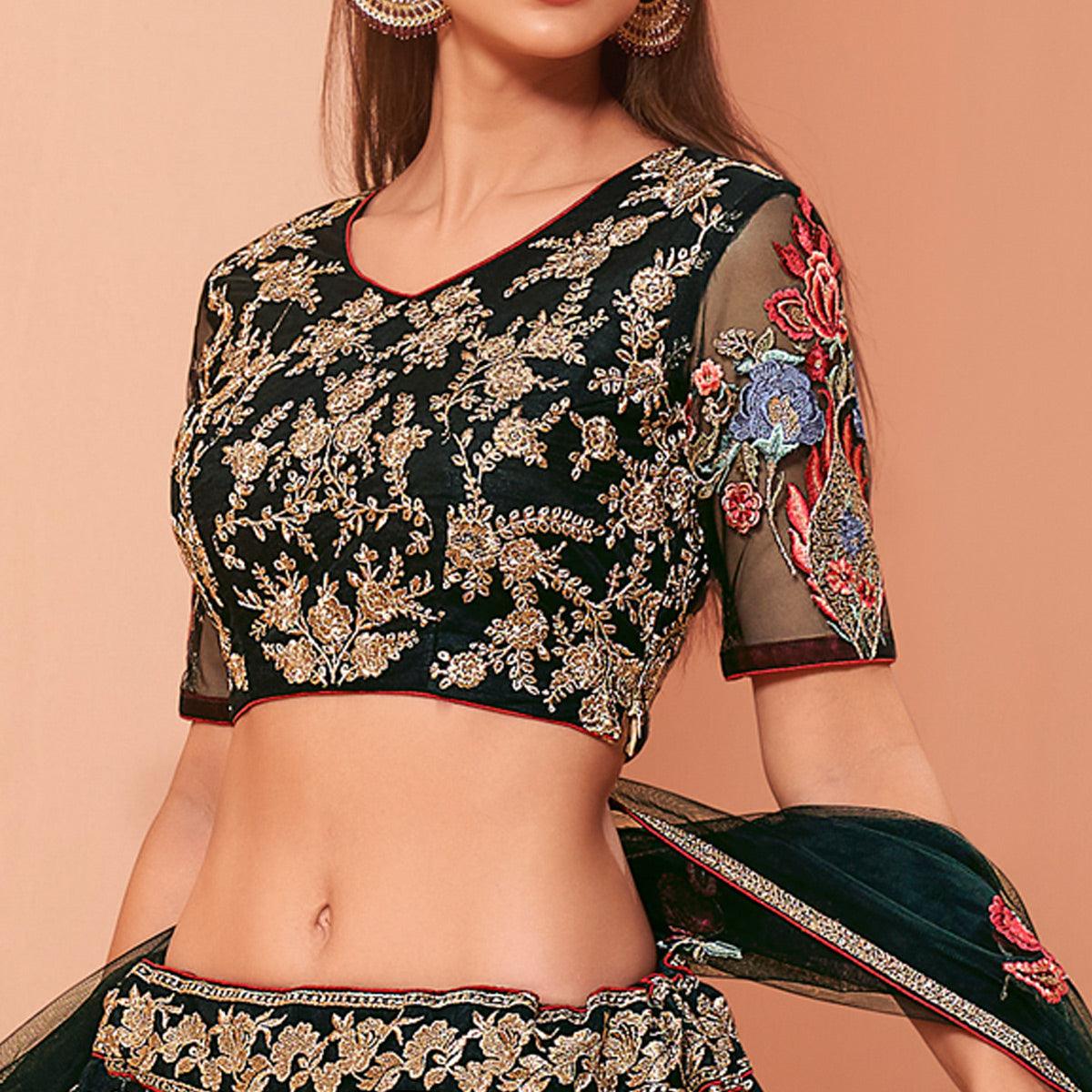 Dark Green Wedding Wear Floral Zari & Sequence Embroiederd Banglori Silk Lehenga Choli - Peachmode