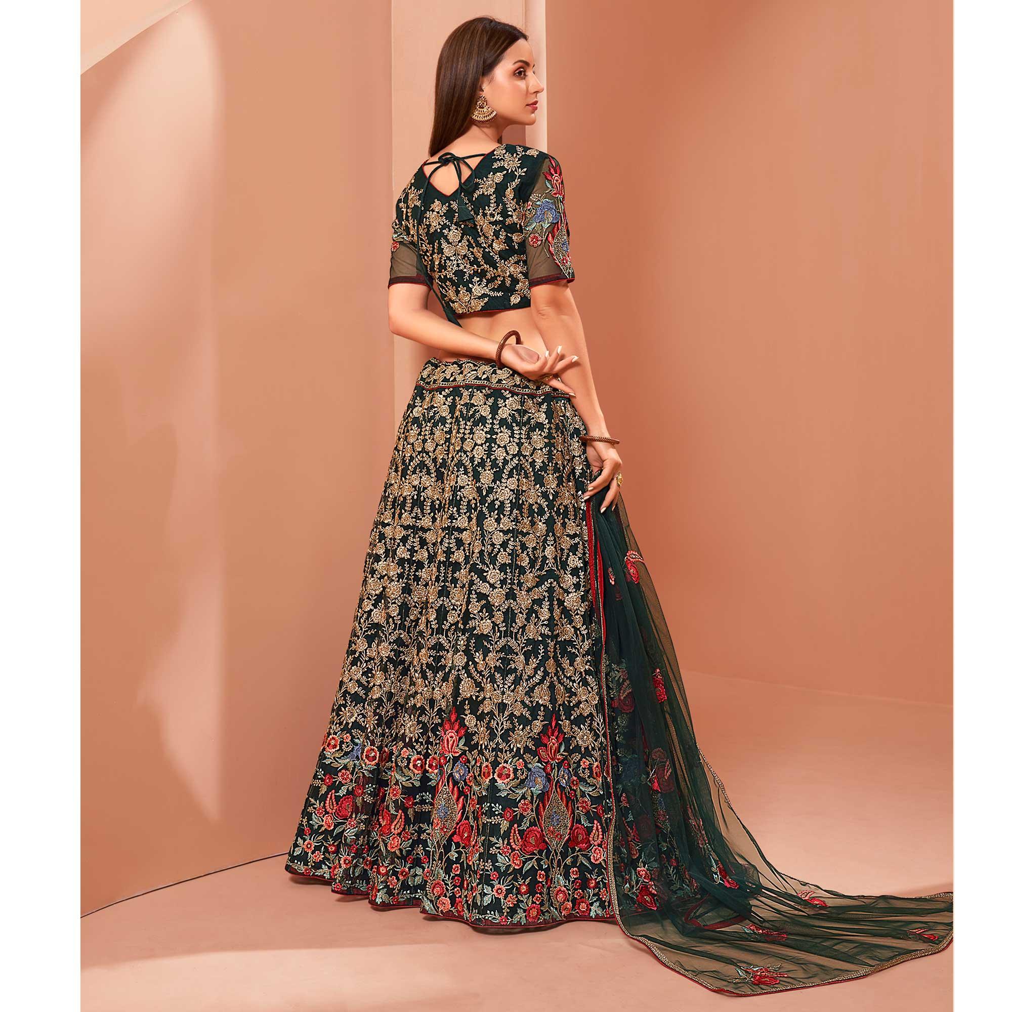 Dark Green Wedding Wear Floral Zari & Sequence Embroiederd Banglori Silk Lehenga Choli - Peachmode